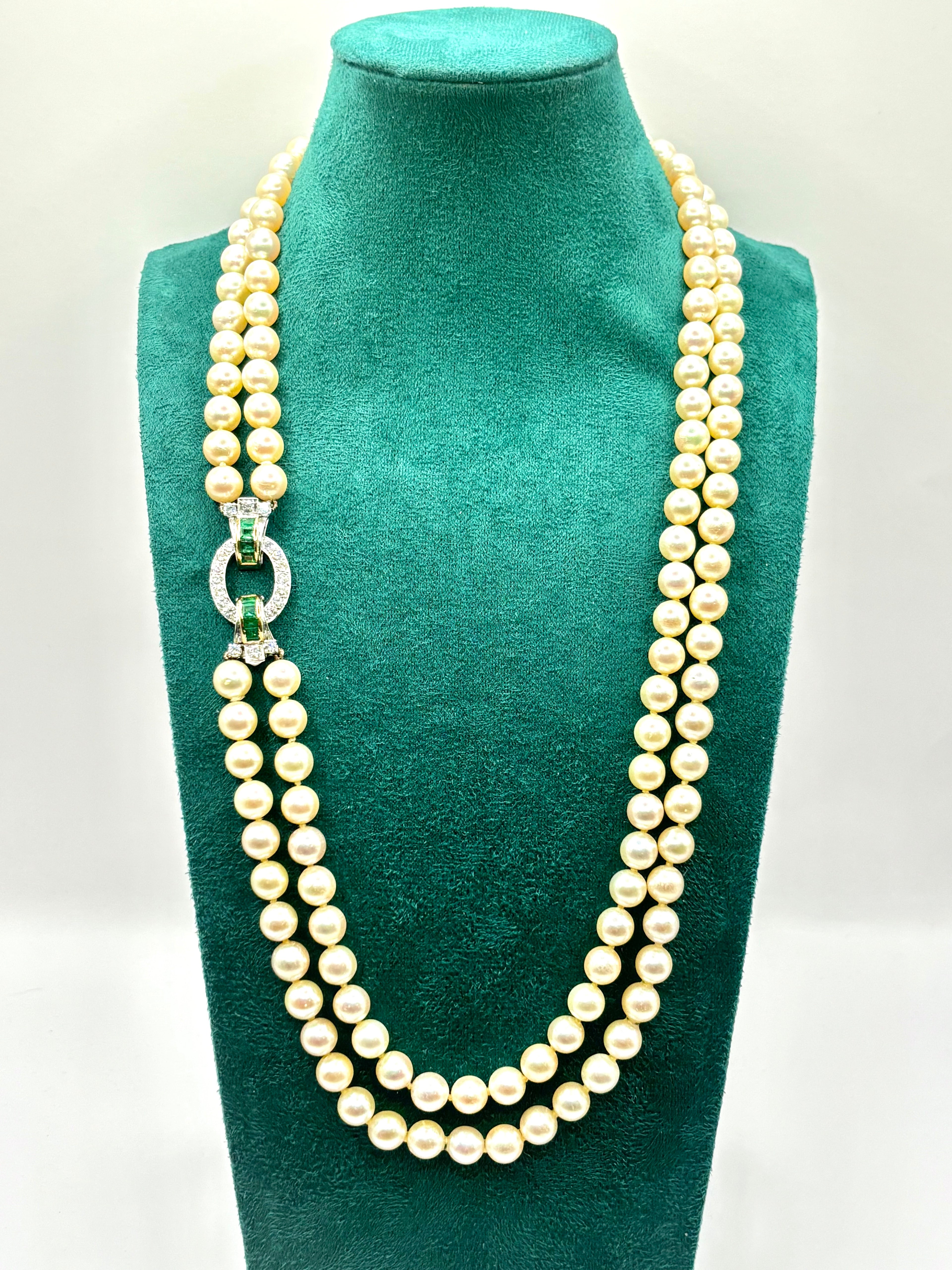 Exceptional Mid-Century Double-Strand Akoya Pearl Necklace 18K Gold Emeralds and Diamonds