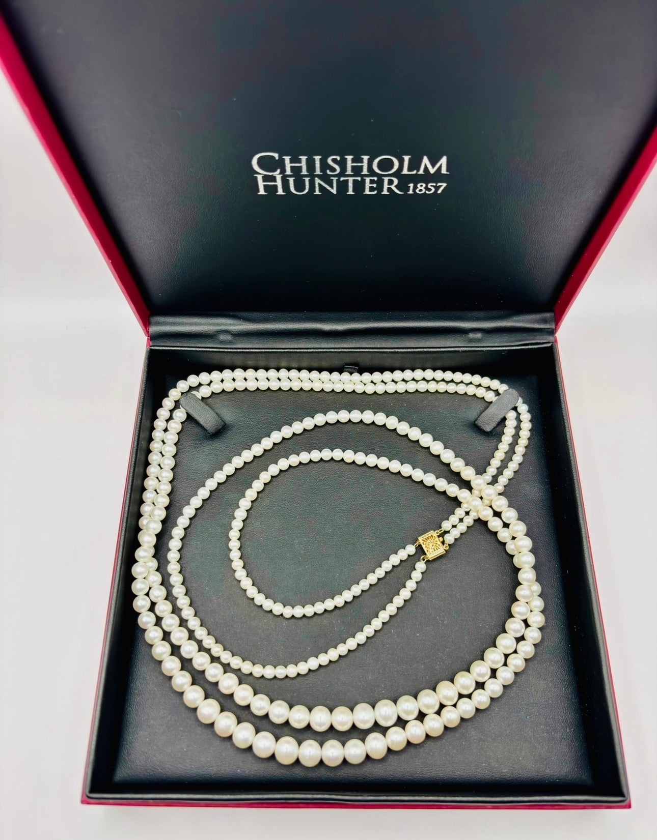 Vintage Graduated Cultured Pearl Double Opera Necklace with 14 Karat Gold Chisholm Hunter Clasp