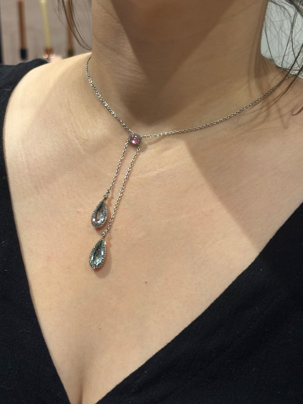 Antique French Edwardian Aquamarine, Pink Tourmaline, Morganite Diamond Negligee Necklace