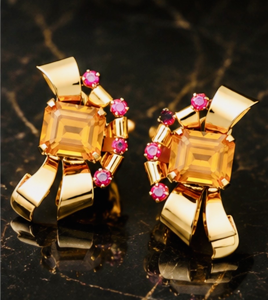 Tiffany & Co Retro 14 Karat Gold Citrine and Ruby Earrings, Circa 1940