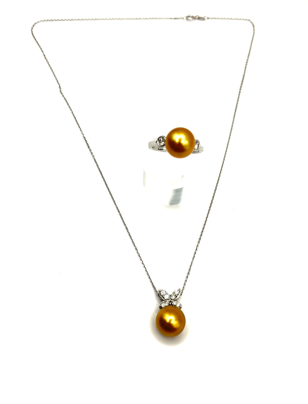 Golden South Sea Pearl and Diamond Necklace and Ring Suite 18K