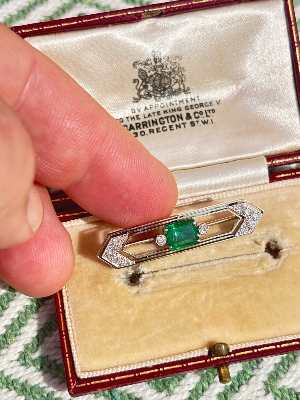 Art Deco Emerald Diamond Brooch, Carrington & Co. Fitted Case 1925-1935