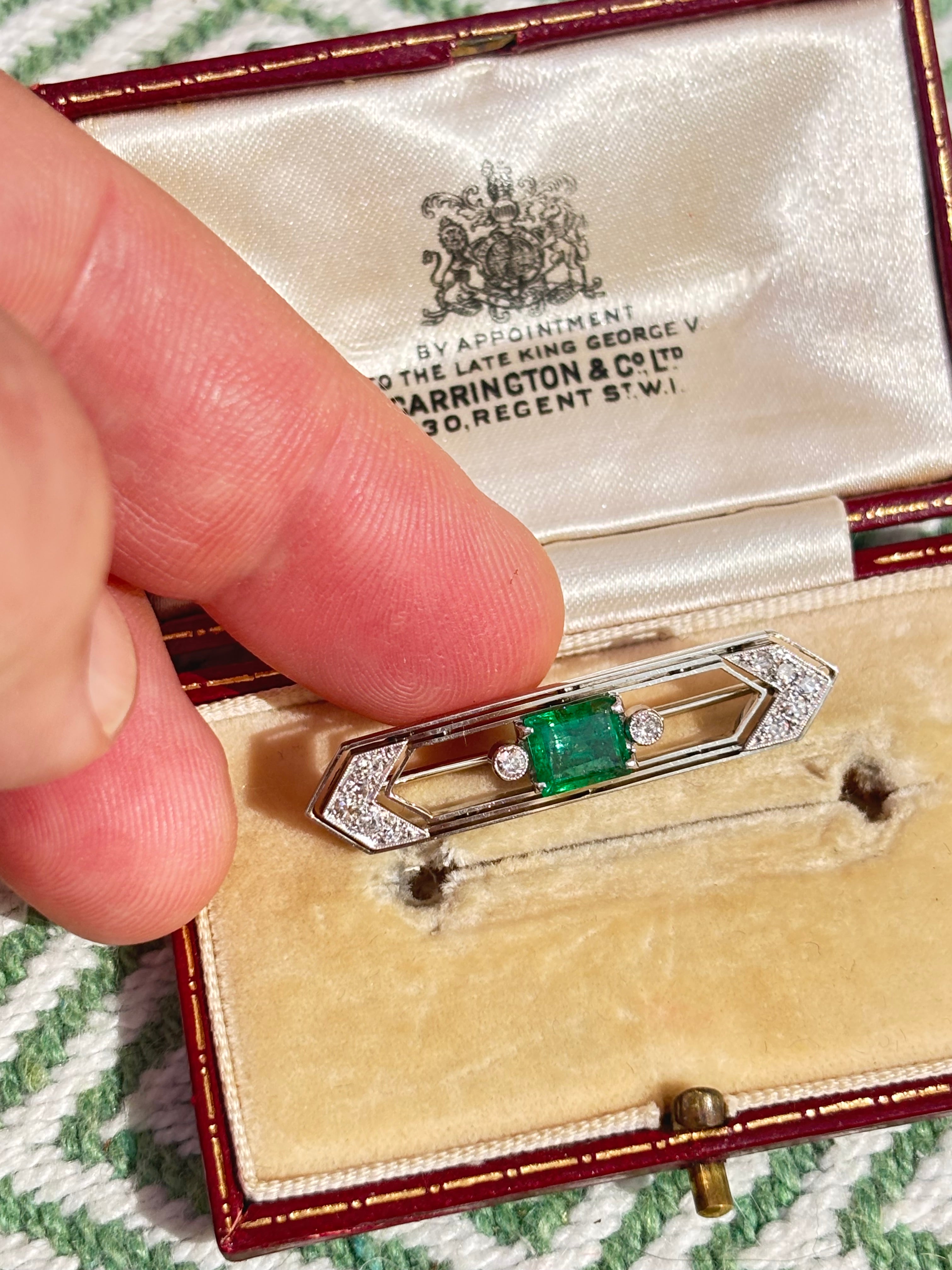 Art Deco Emerald Diamond Brooch, Carrington & Co. Fitted Case 1925-1935