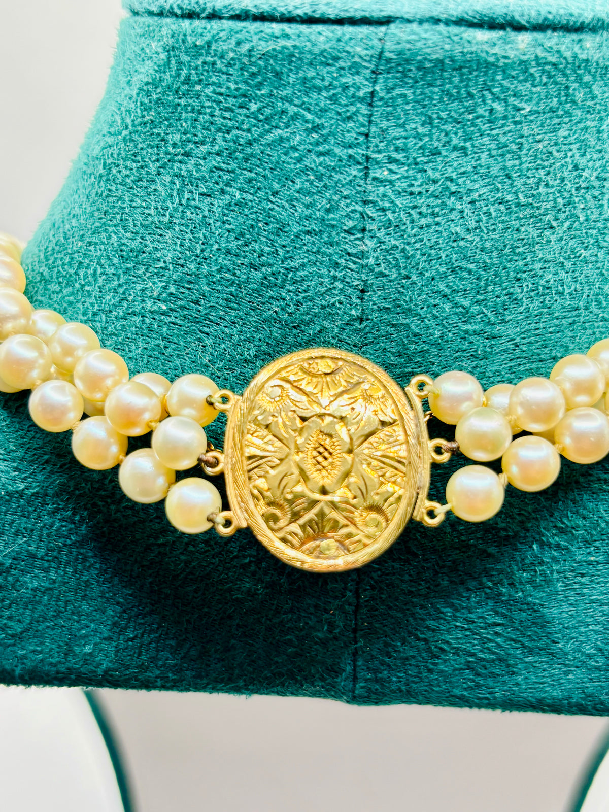 Three-Strand Japanese Akoya Pearl Necklace Late Victorian Diamond & Chrysoprase