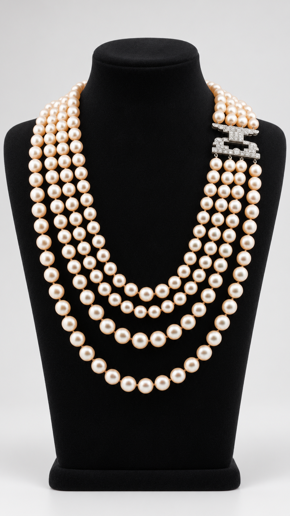 Long Vintage Four-Strand Akoya Pearl Necklace Art Deco Diamonds & Platinum Clasp 1950’s