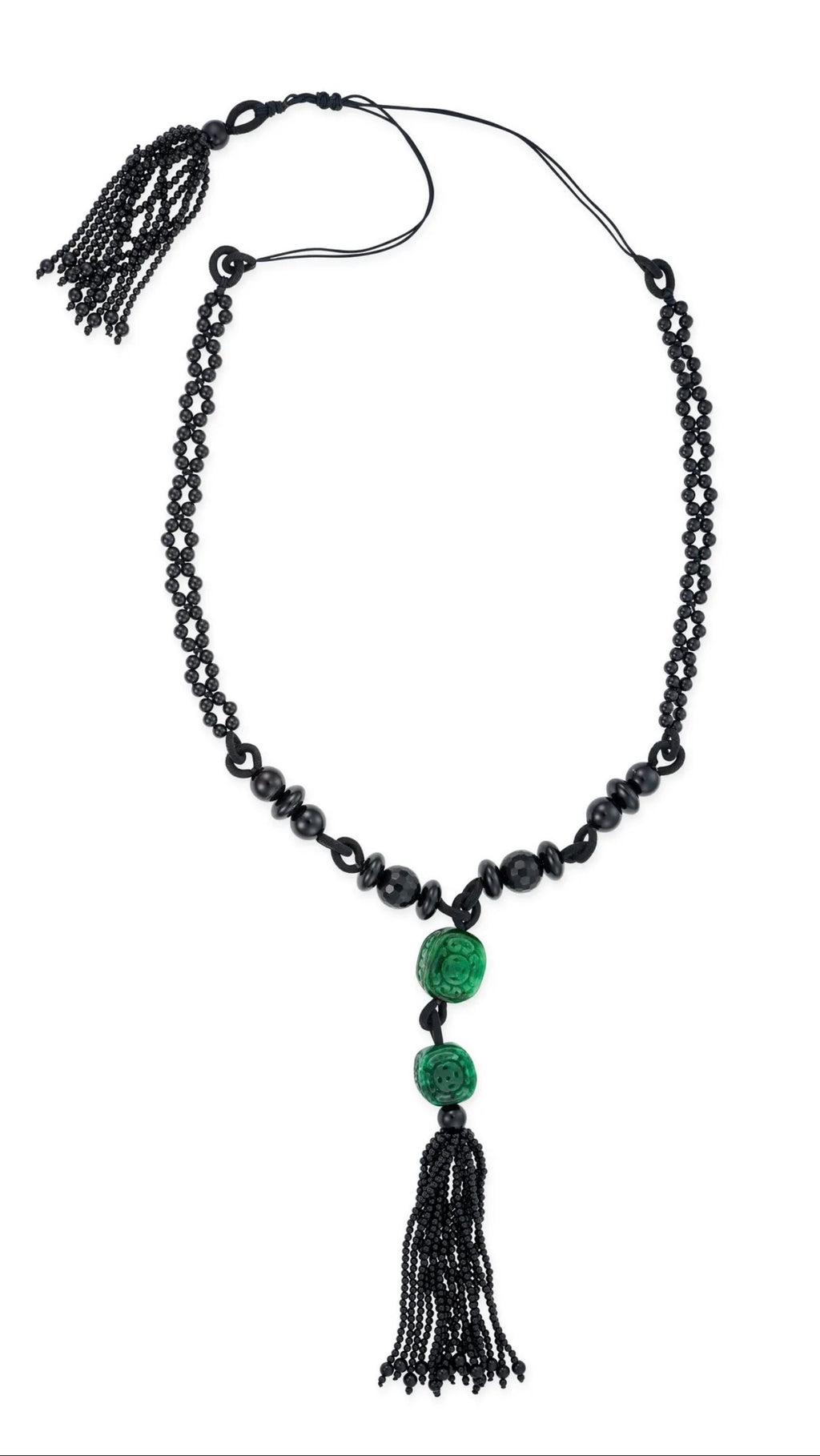 Vintage Long Carved Jadeite and Black Onyx Double-Strand Tassel Sautoir Necklace