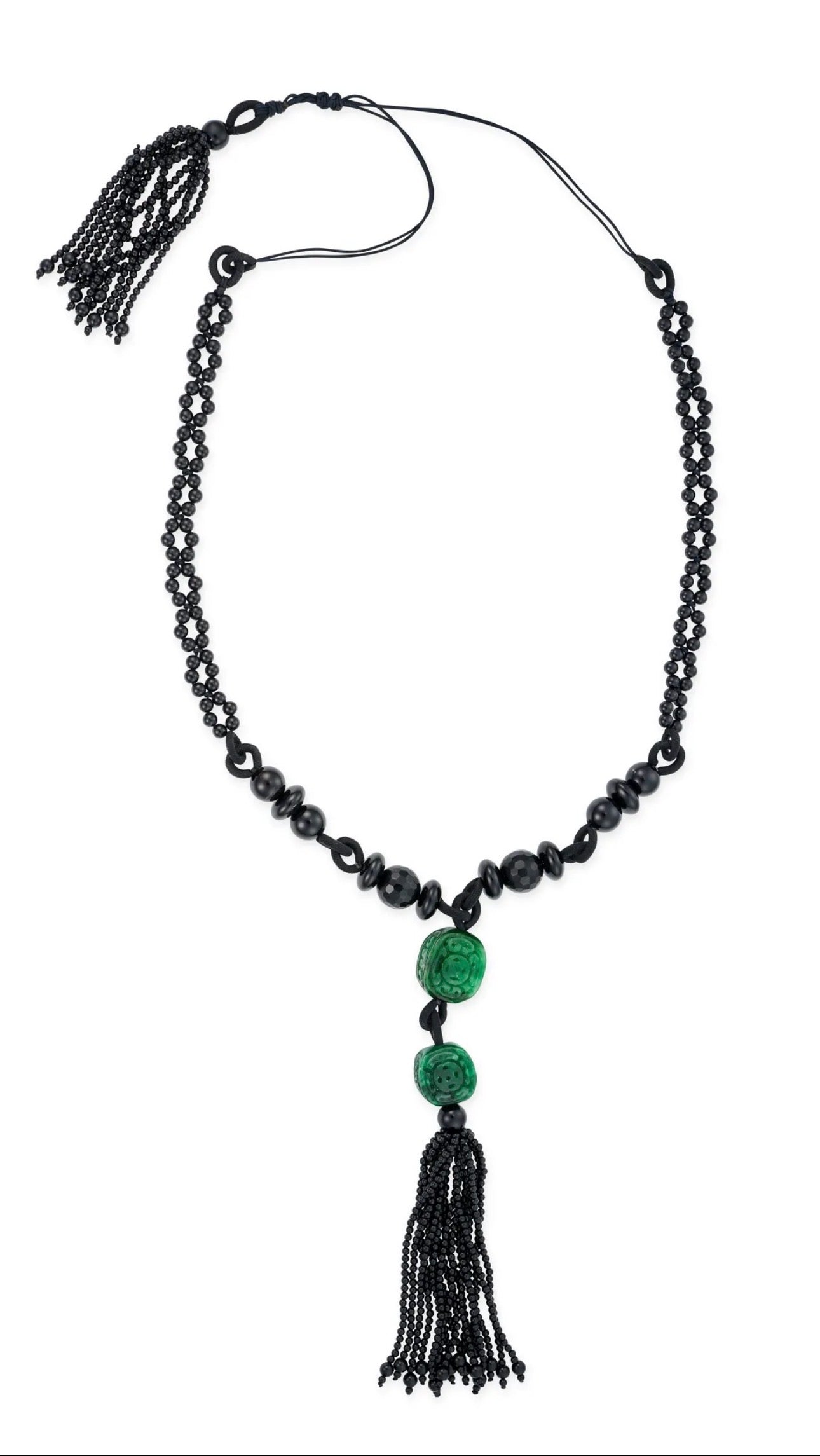 Vintage Long Carved Jadeite and Black Onyx Double-Strand Tassel Sautoir Necklace