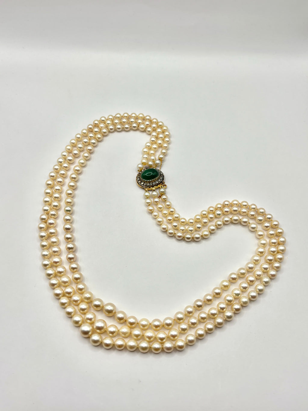 Three-Strand Japanese Akoya Pearl Necklace Late Victorian Diamond & Chrysoprase