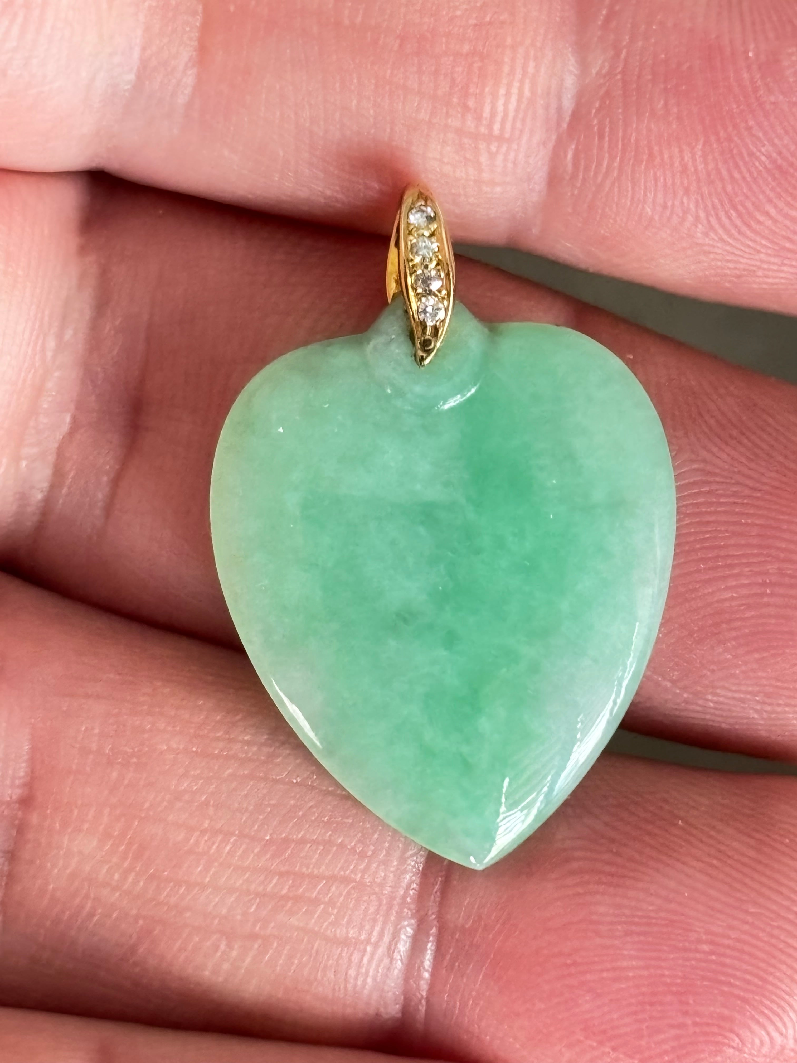 Natural Untreated Jadeite Jade Heart Pendant Diamonds 14K Gold GCS Certified