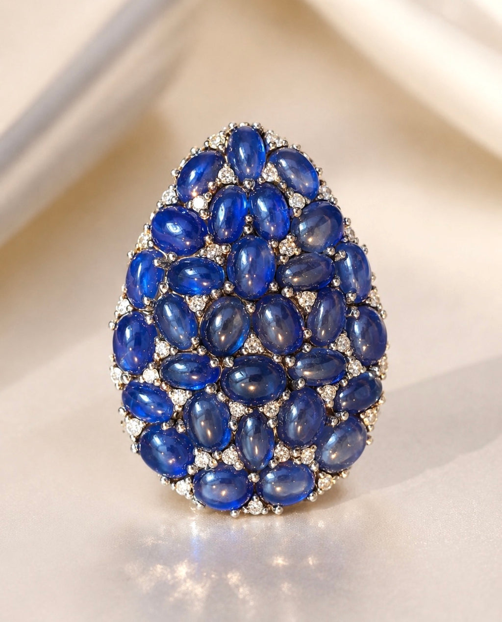 Natural Sapphire Cabochon and Diamond Statement Cocktail Ring, 13 Carats of Sapphires, 18K Gold & Silver