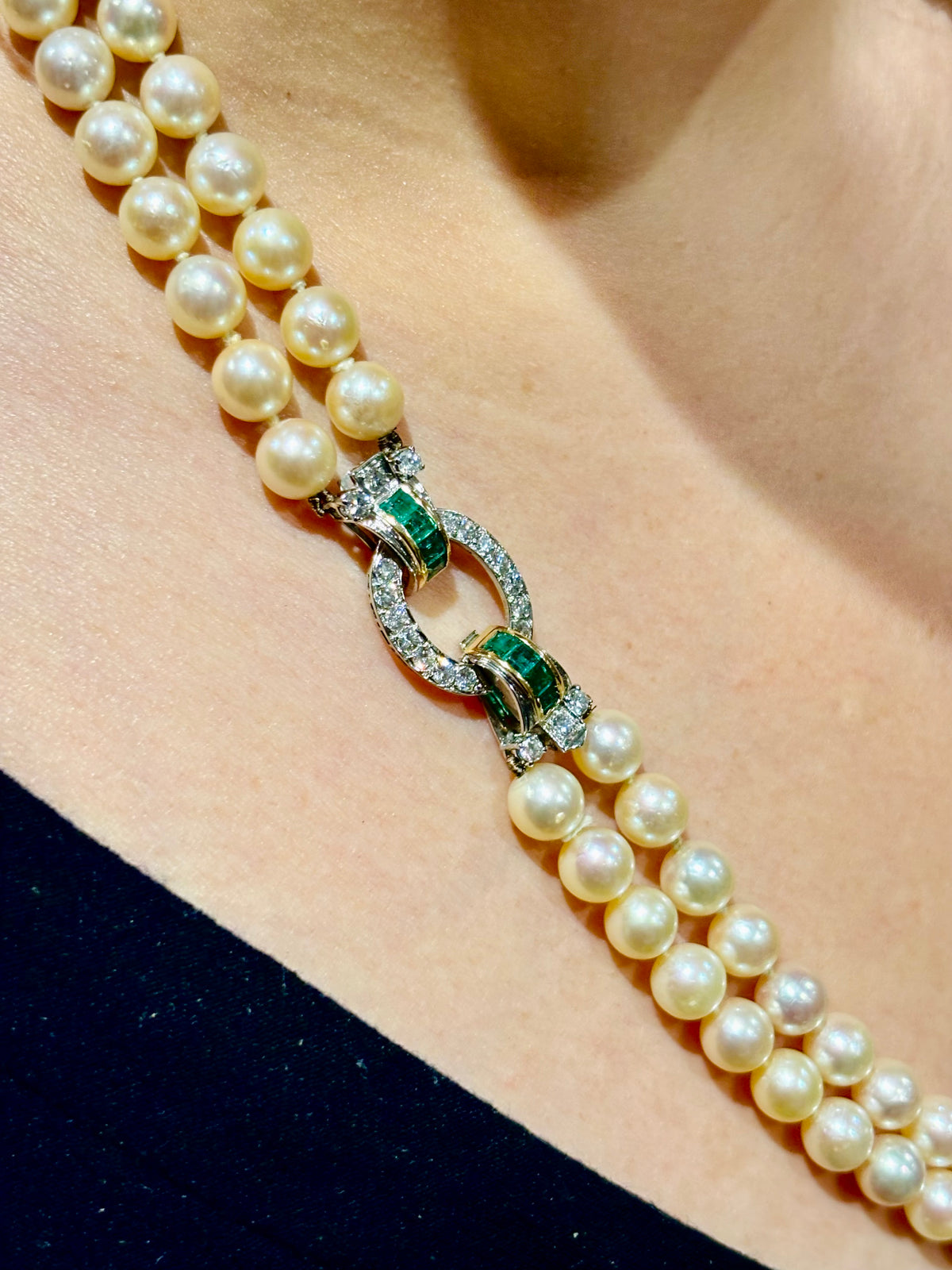 Vintage Pearl Necklace Double Row Strand Akoya Pearls 18k Gold Diamonds Emeralds 1950