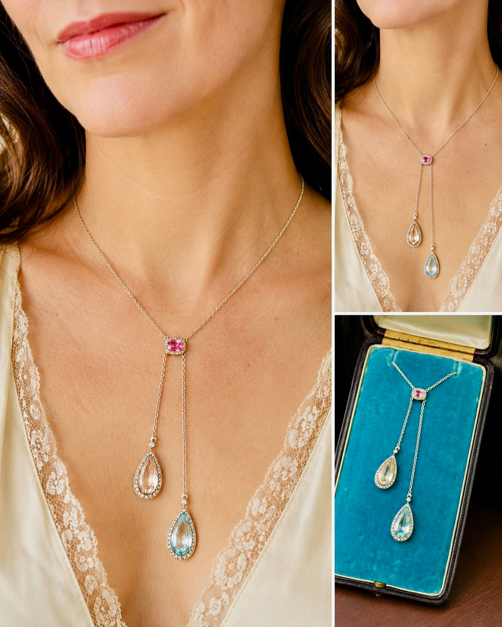 Antique French Edwardian Aquamarine, Pink Tourmaline, Morganite Diamond Negligee Necklace