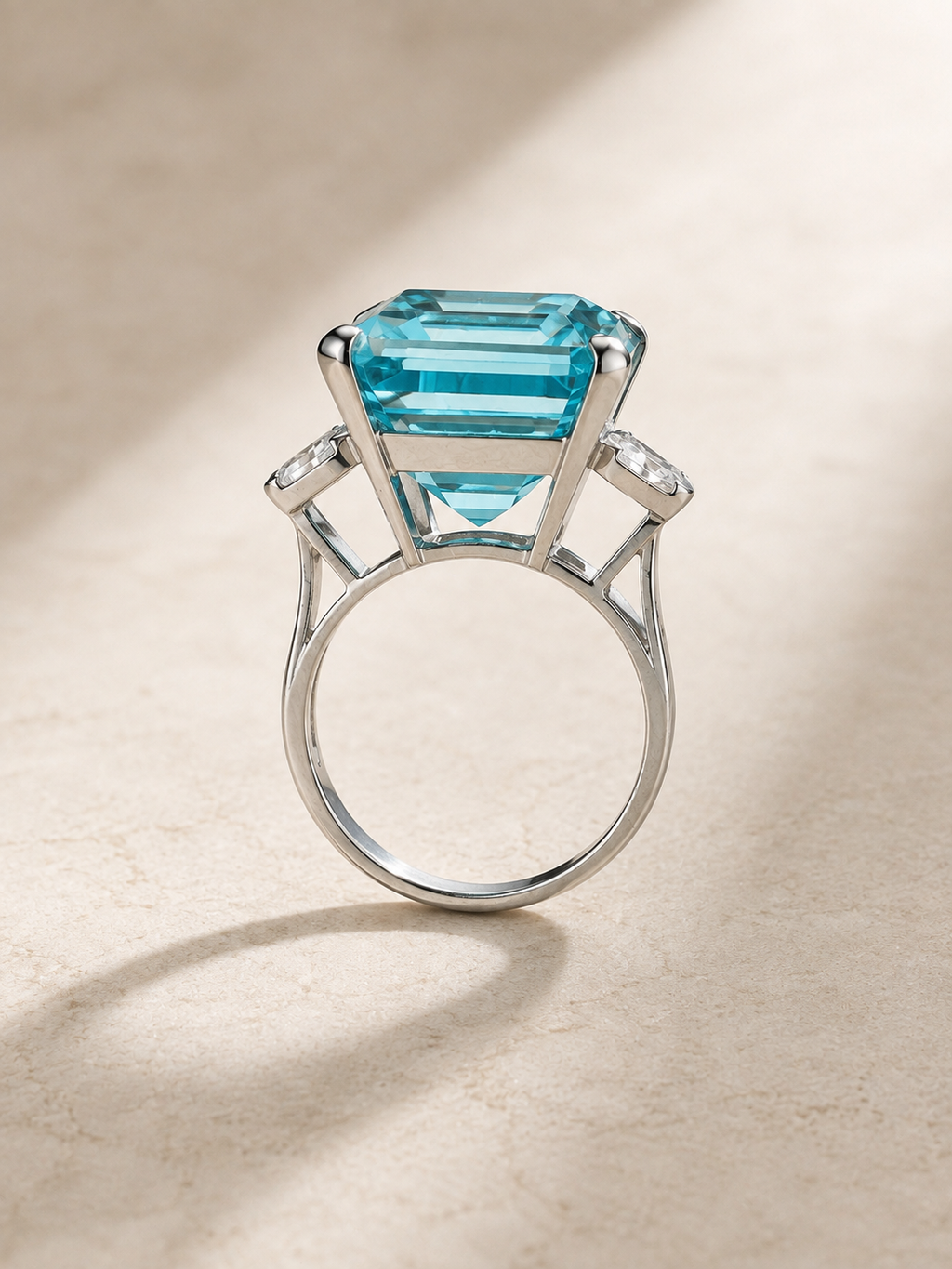 Impressive Large Aquamarine Cocktail Ring, 30 Carats, Art Deco style and 0.80 Marquise Diamonds in 18k White Gold