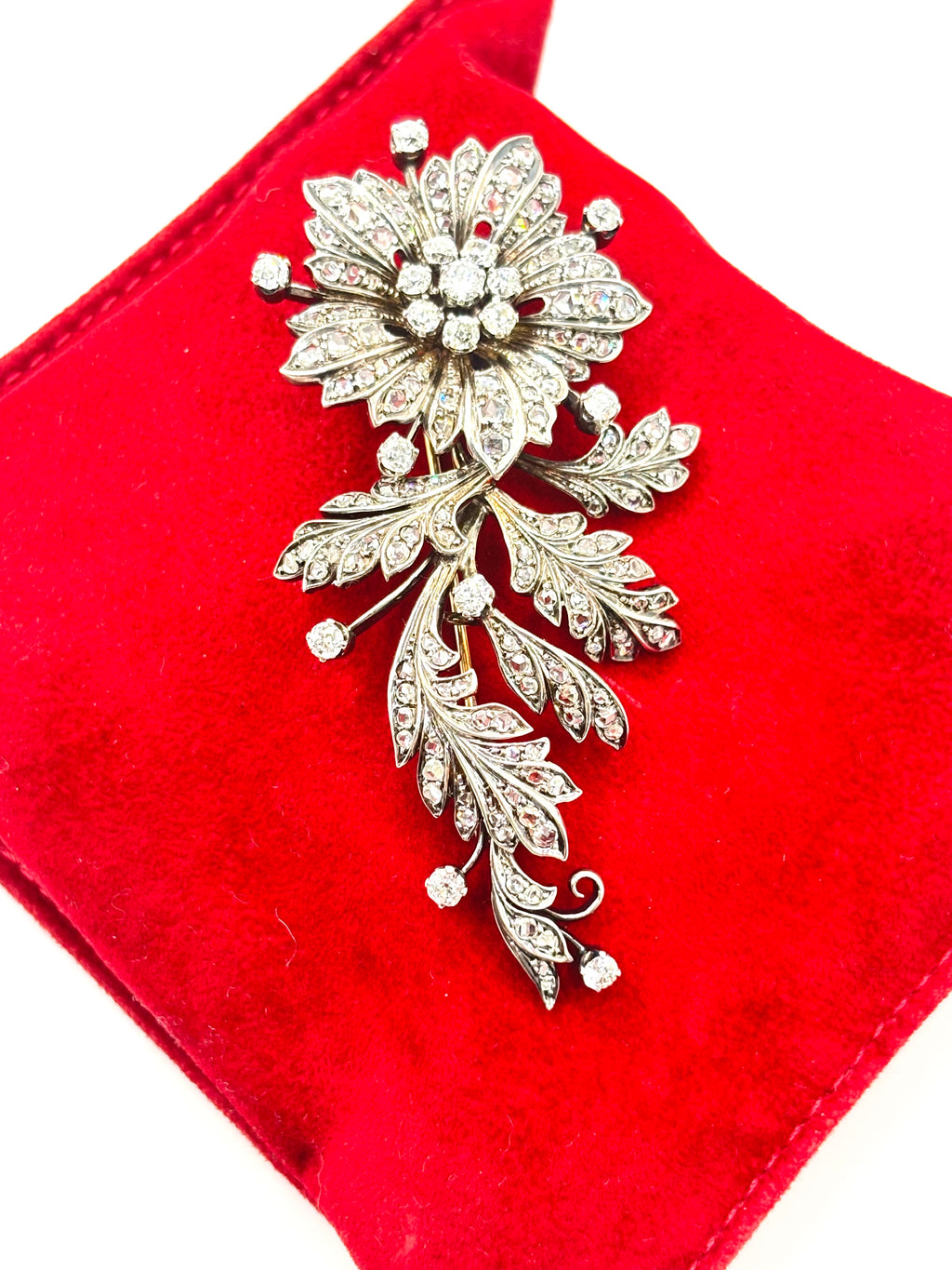 Late 19th Century Floral Spray Brooch with Old European and Rose Cut Diamonds, 8cm long