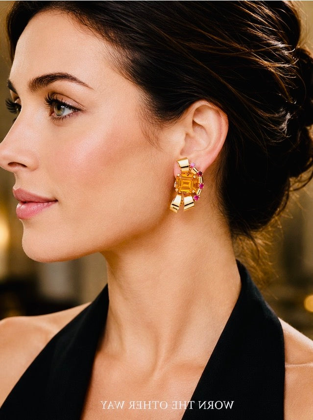 Tiffany & Co Retro 14 Karat Gold Citrine and Ruby Earrings, Circa 1940