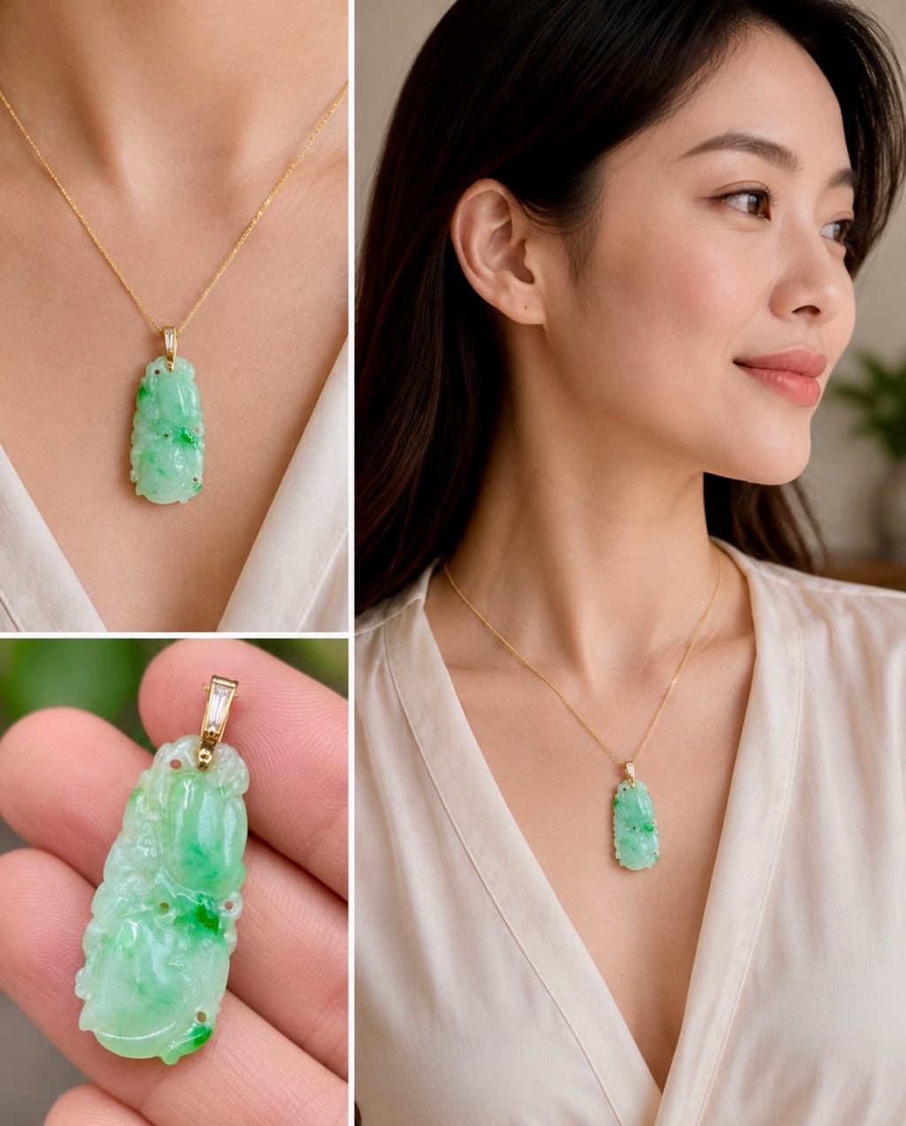 Natural Type A Jadeite Jade Carved Fruit Pendant, 14K Gold & Diamond, GCS Tested