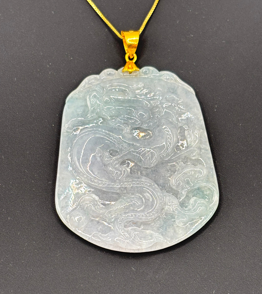 Large Vintage Carved Jadeite Jade Dragon Pendant 24K Fine Gold Bail, Certified
