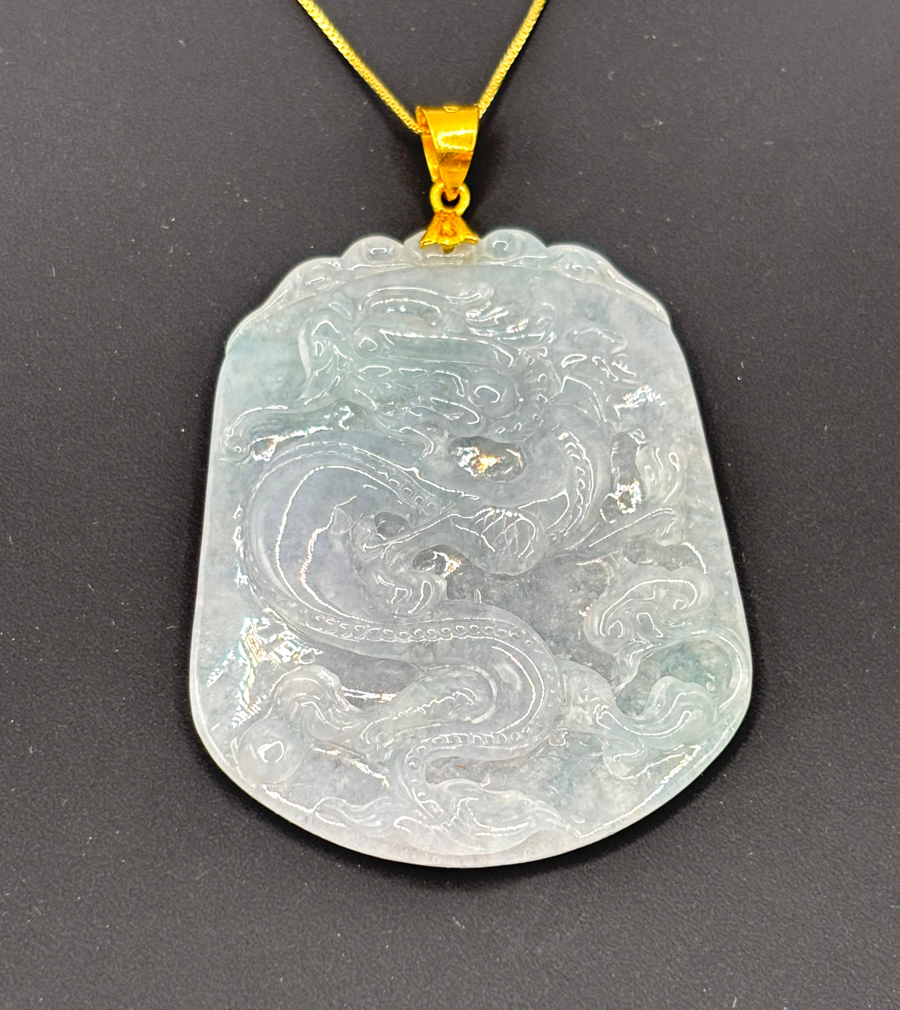 Large Vintage Carved Jadeite Jade Dragon Pendant 24K Fine Gold Bail, Certified