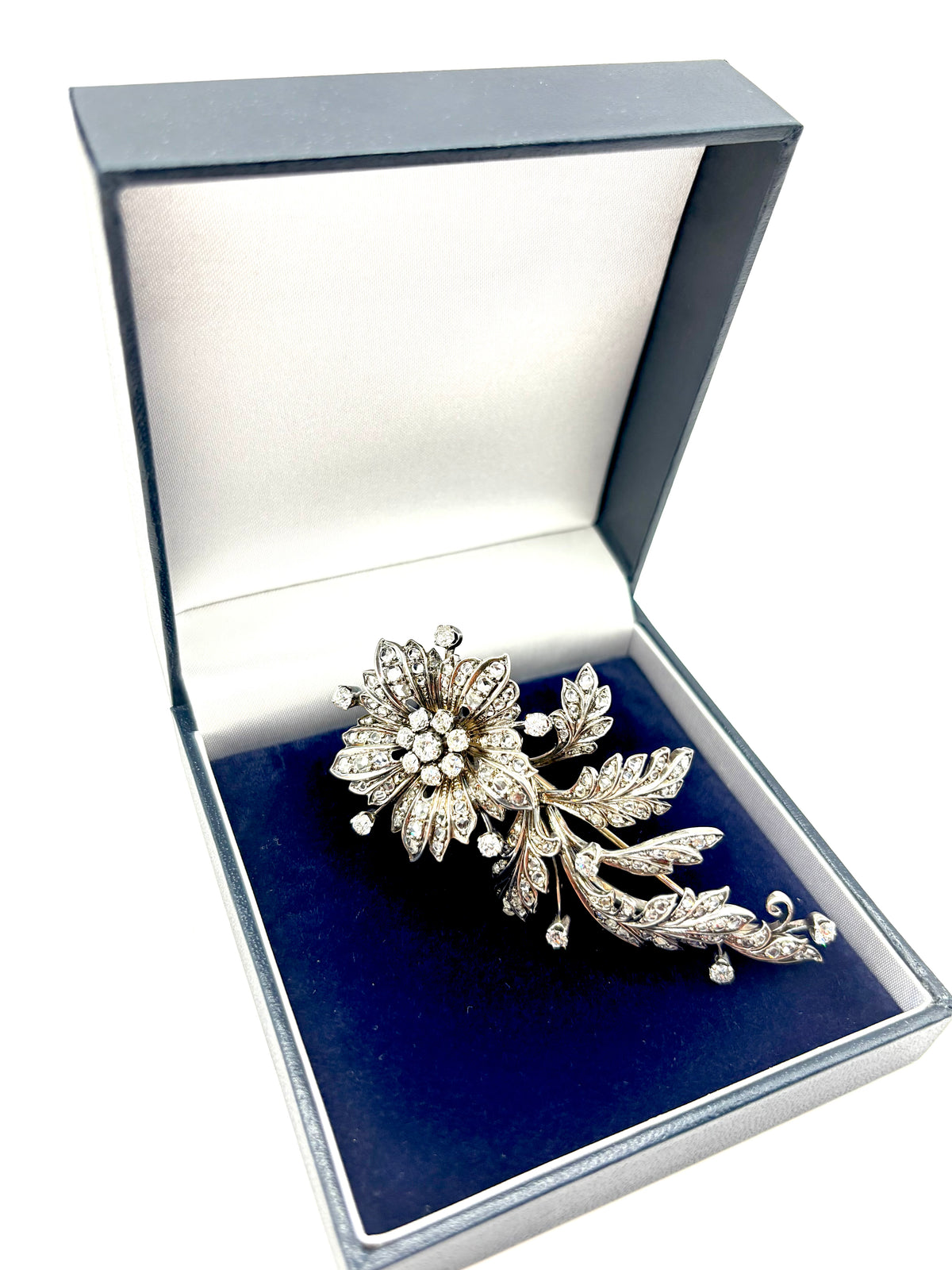 Late 19th Century Floral Spray Brooch with Old European and Rose Cut Diamonds, 8cm long