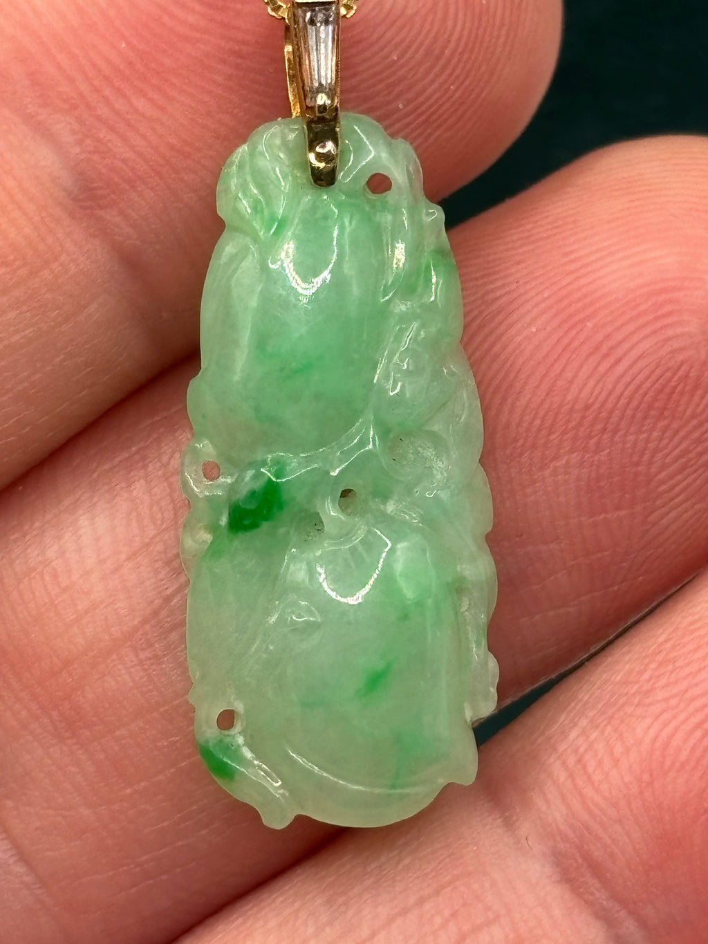 Natural Type A Jadeite Jade Carved Fruit Pendant, 14K Gold & Diamond, GCS Tested