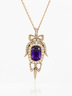 Antique Edwardian Amethyst Pearl Diamond Pendant Necklace in Gold.