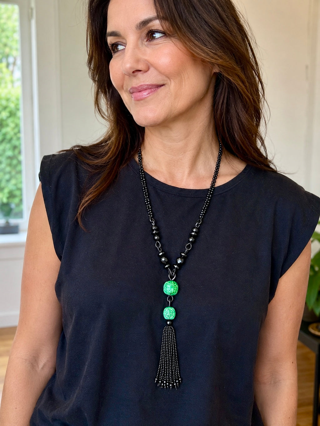 Vintage Long Carved Jadeite and Black Onyx Double-Strand Tassel Sautoir Necklace