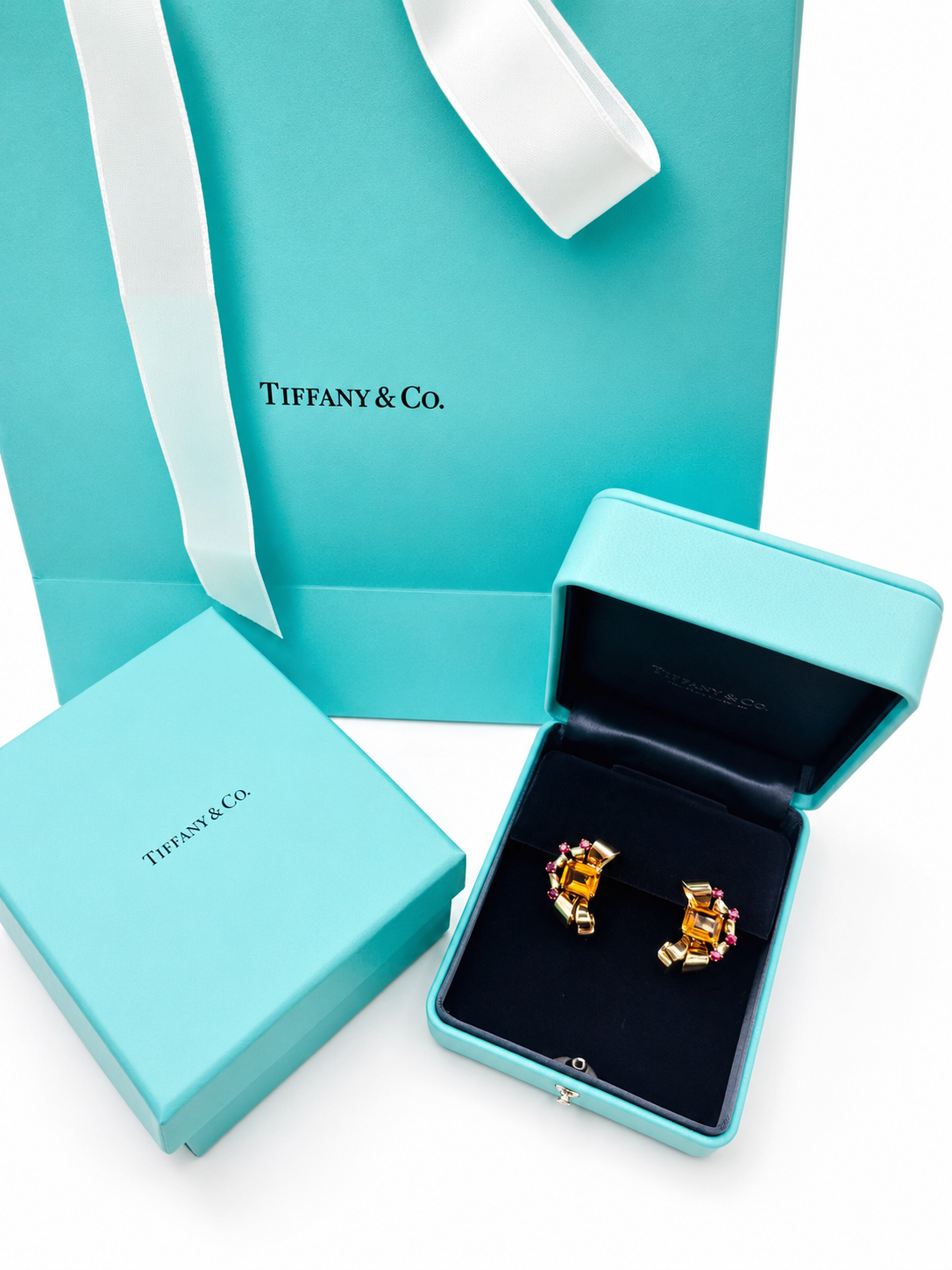 Tiffany & Co Retro 14 Karat Gold Citrine and Ruby Earrings, Circa 1940