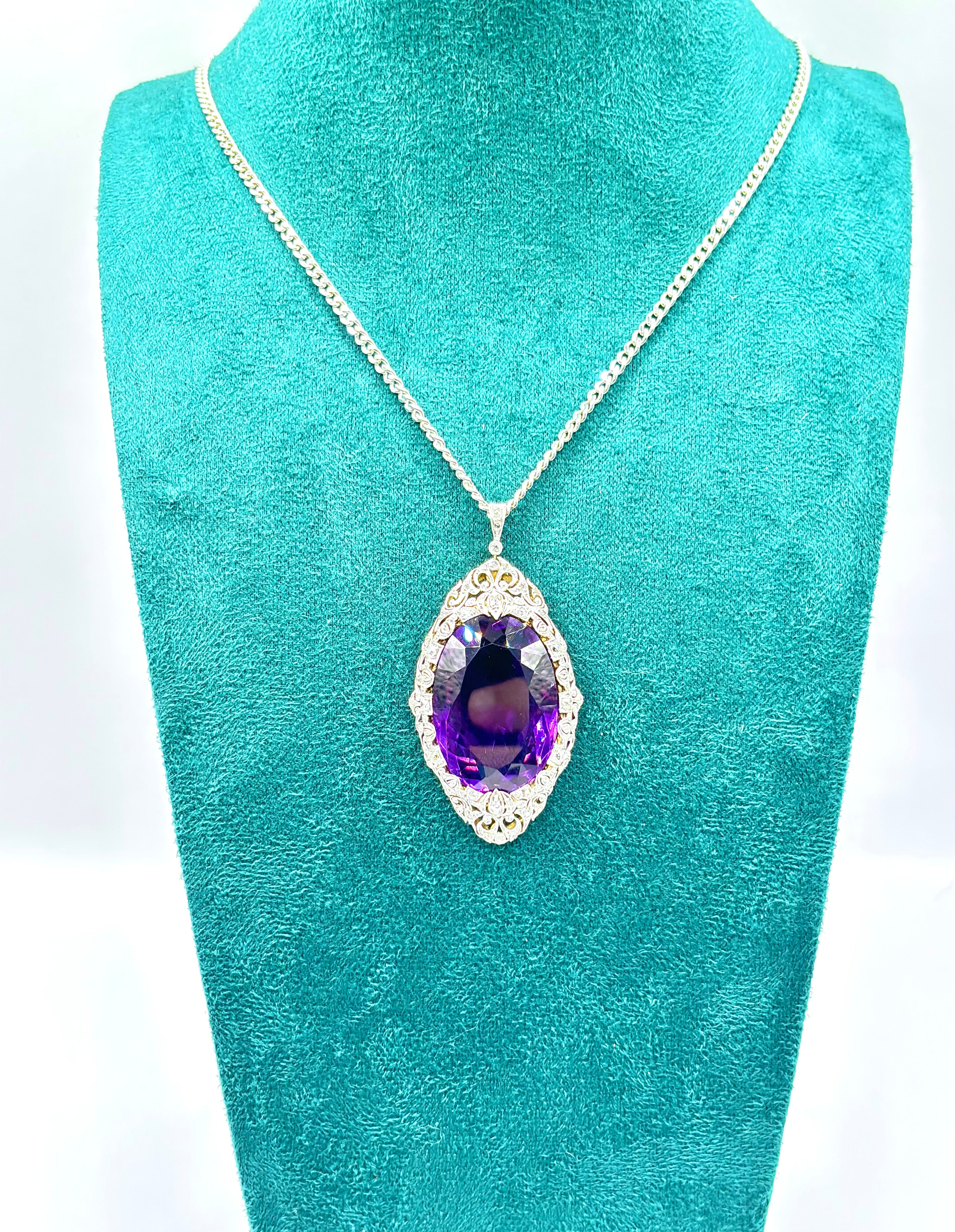 Edwardian Platinum-Topped Gold Convertible Brooch Pendant with Monumental Oval Amethyst and Old-Cut Diamonds, Circa 1900–1915