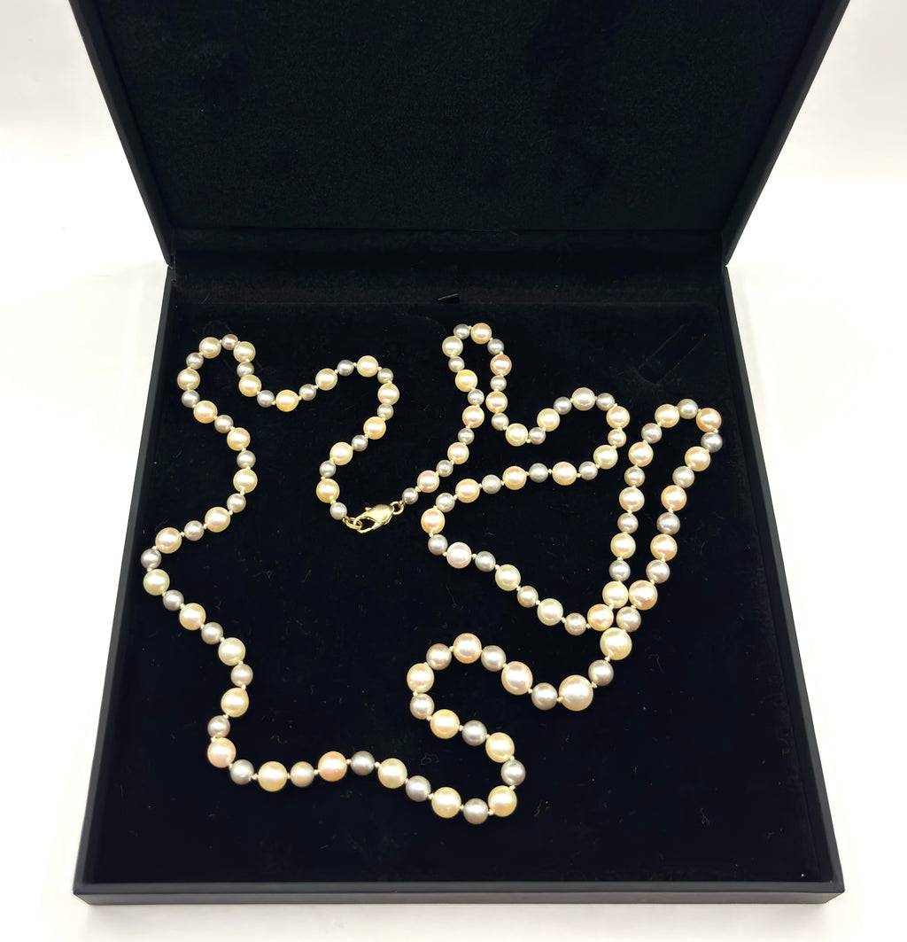 Vintage Two Tone Long Cultured Pearl Necklace 120 cm, 18K Gold Clasp - made in Italy