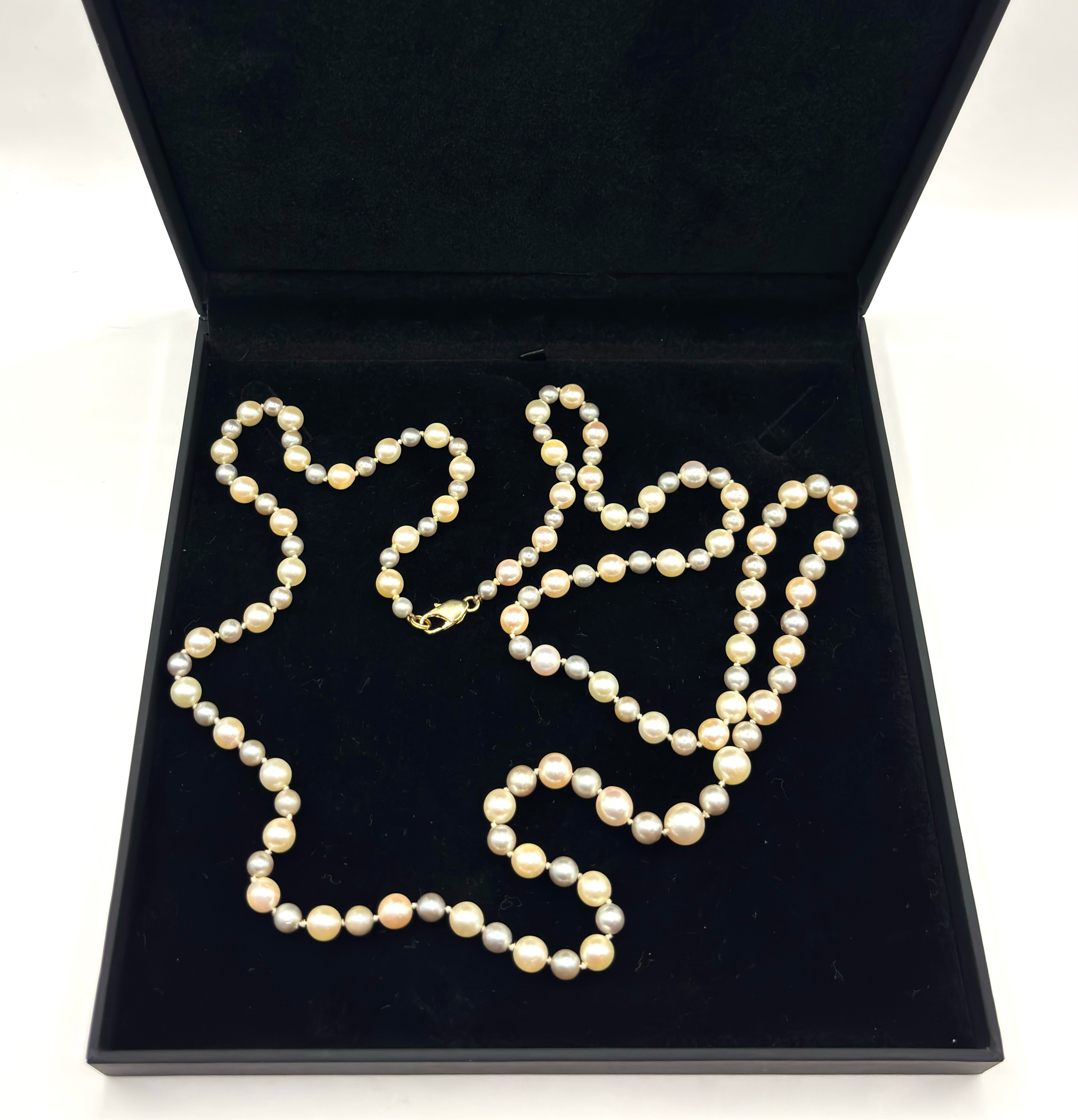 Vintage Two Tone Long Cultured Pearl Necklace 120 cm, 18K Gold Clasp - made in Italy