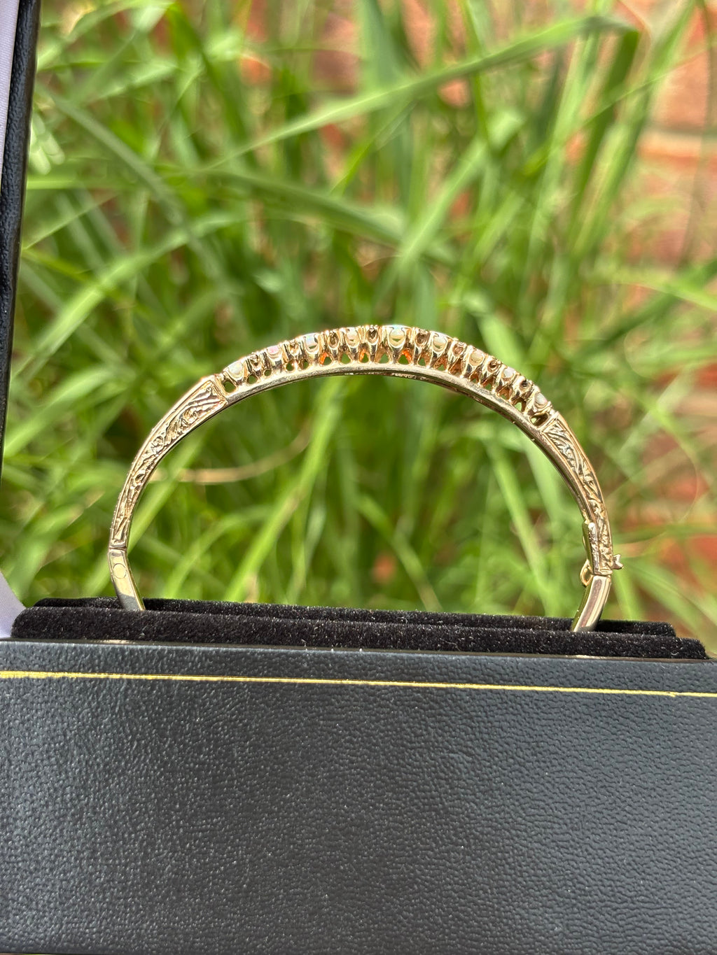 Vintage English 9 Carat Gold Opal and Diamond Victorian Revival Hinged Bangle Bracelet, London Hallmarks