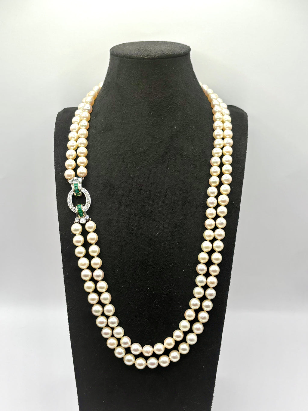 Exceptional Mid-Century Double-Strand Akoya Pearl Necklace 18K Gold Emeralds and Diamonds