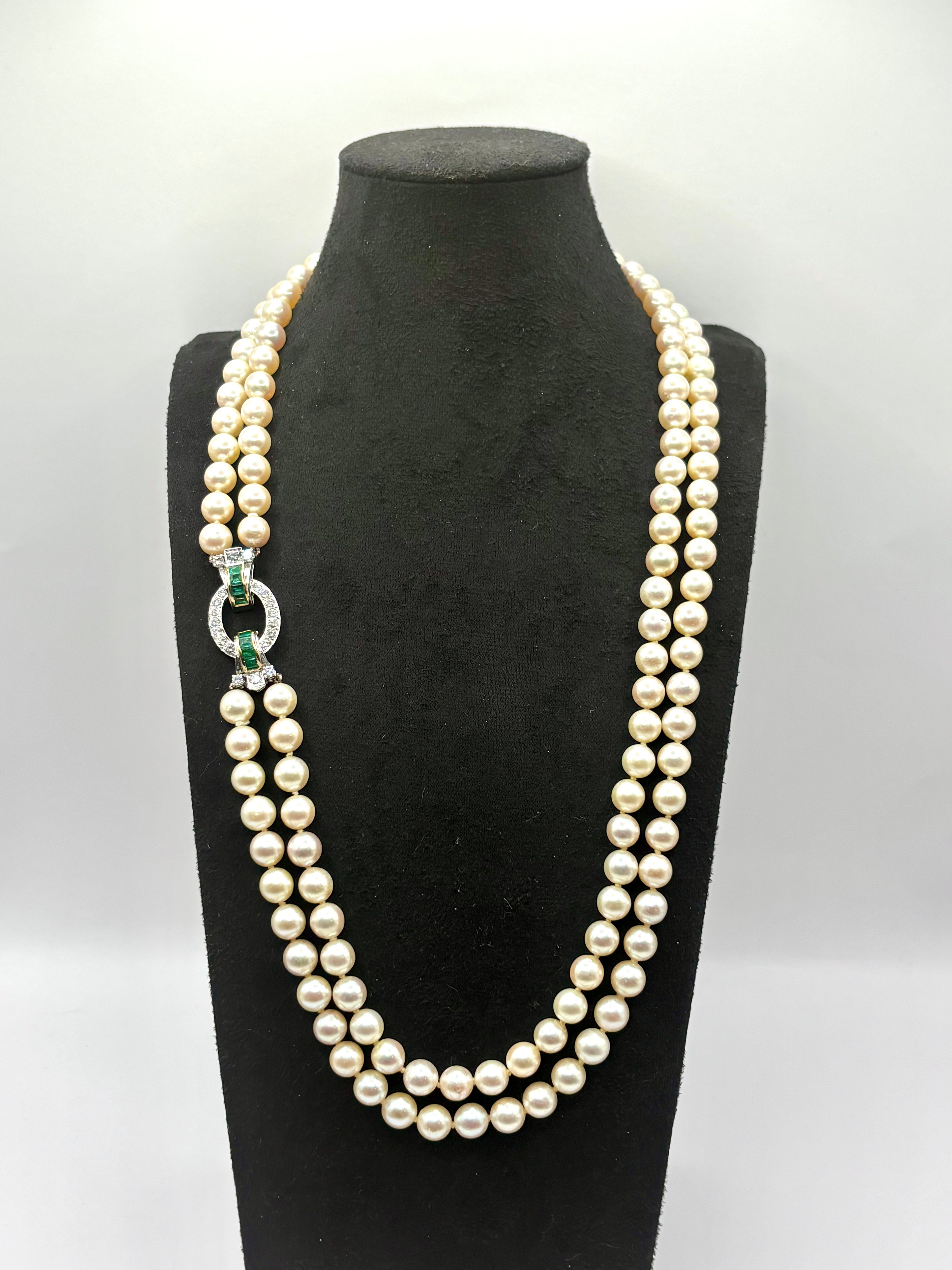 Exceptional Mid-Century Double-Strand Akoya Pearl Necklace 18K Gold Emeralds and Diamonds