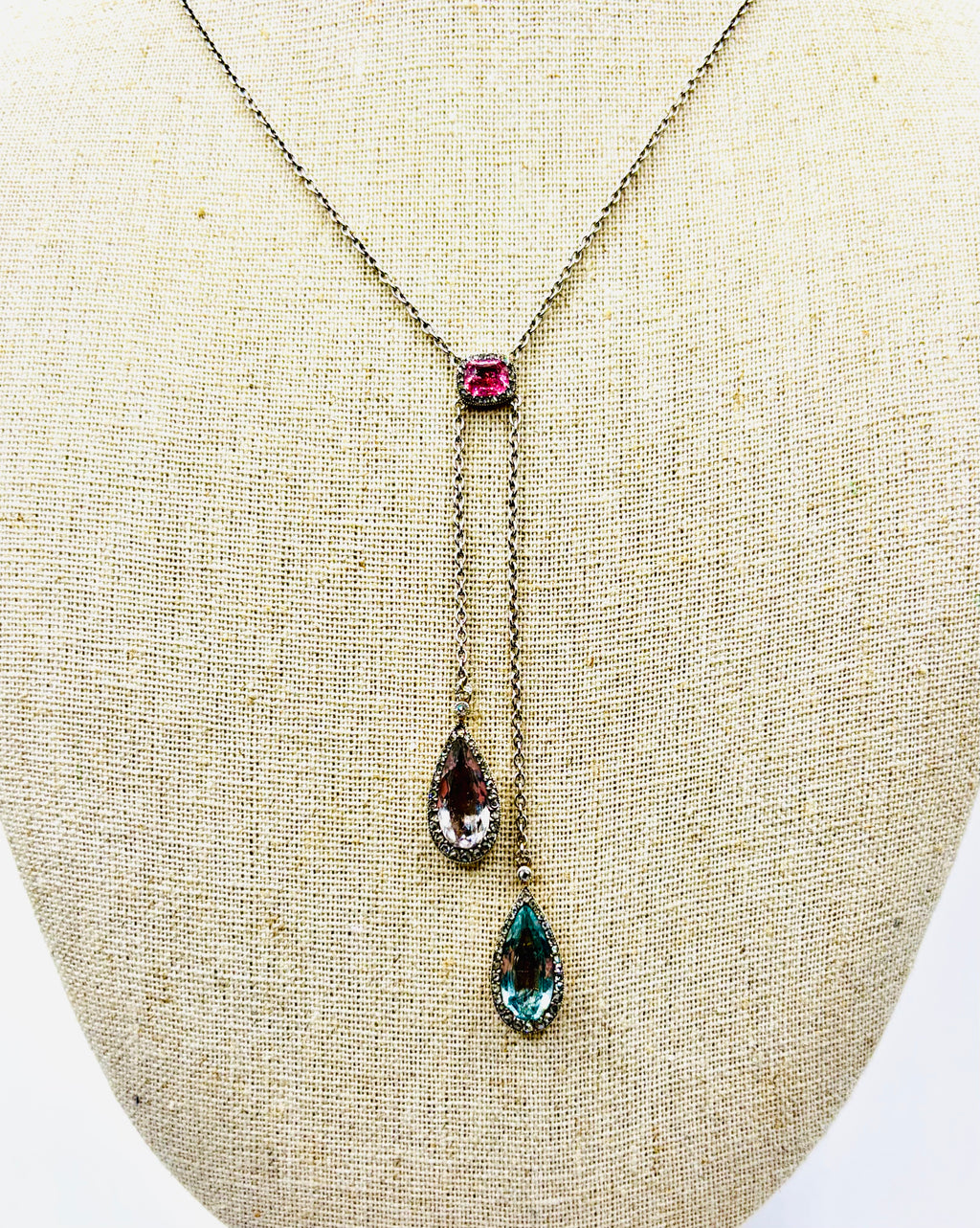Antique French Edwardian Aquamarine, Pink Tourmaline, Morganite Diamond Negligee Necklace