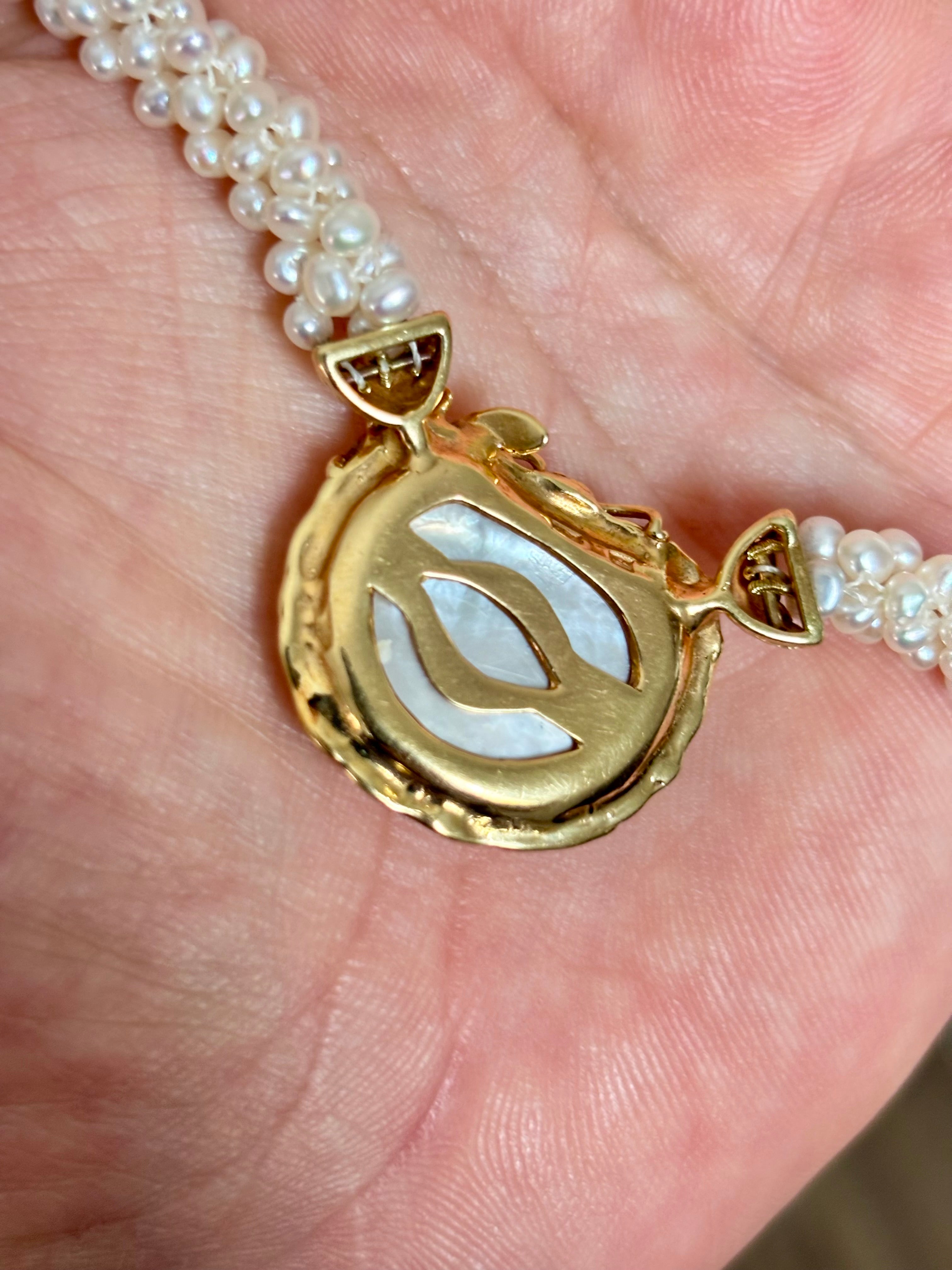 Pearl Necklace with Gold Multi-Strand Freshwater Pearls Large Mother of Pearl Gold Mounted Pendant