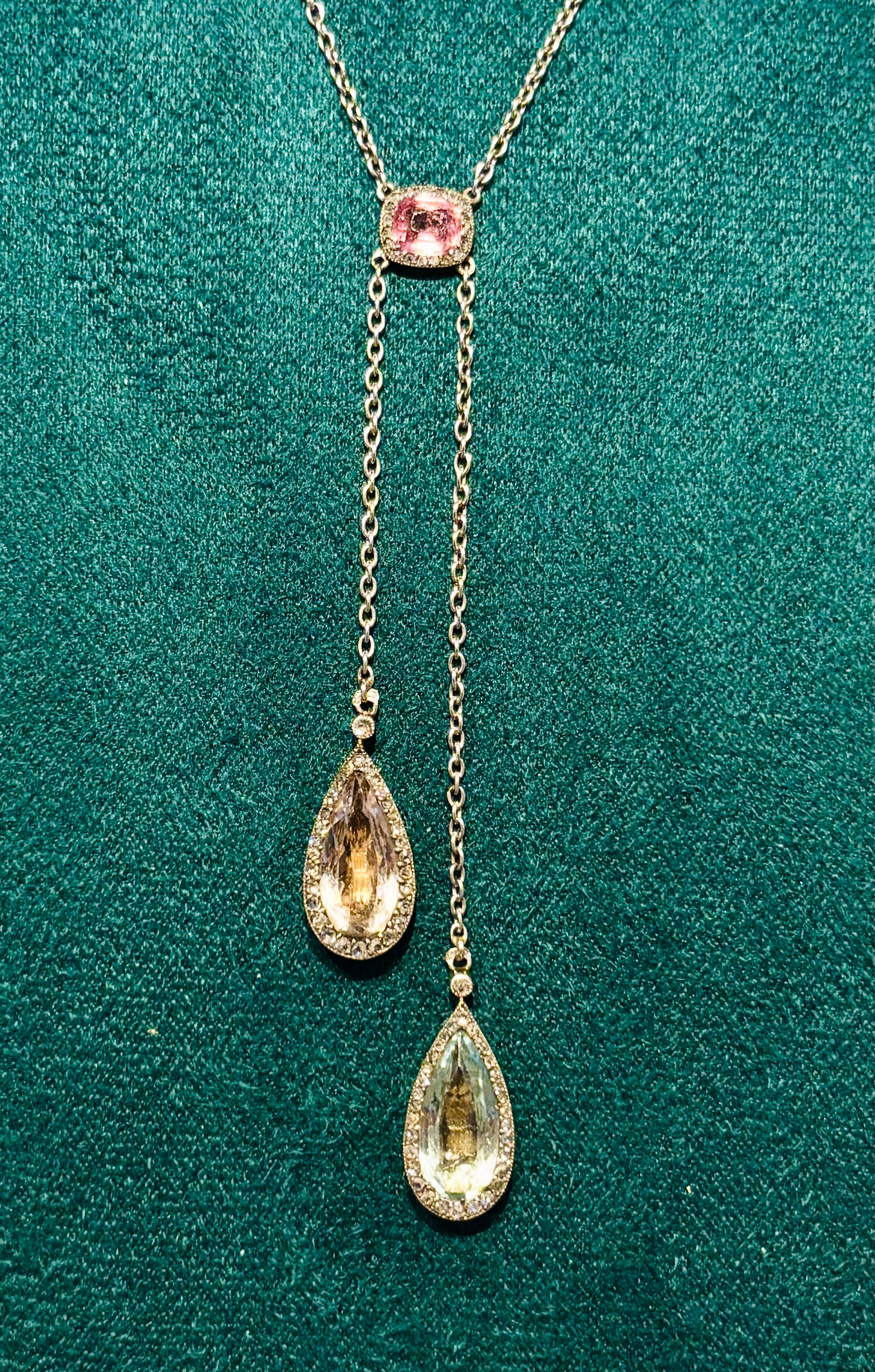 Antique French Edwardian Aquamarine, Pink Tourmaline, Morganite Diamond Negligee Necklace