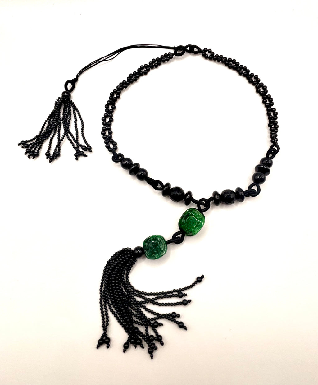 Vintage Long Carved Jadeite and Black Onyx Double-Strand Tassel Sautoir Necklace