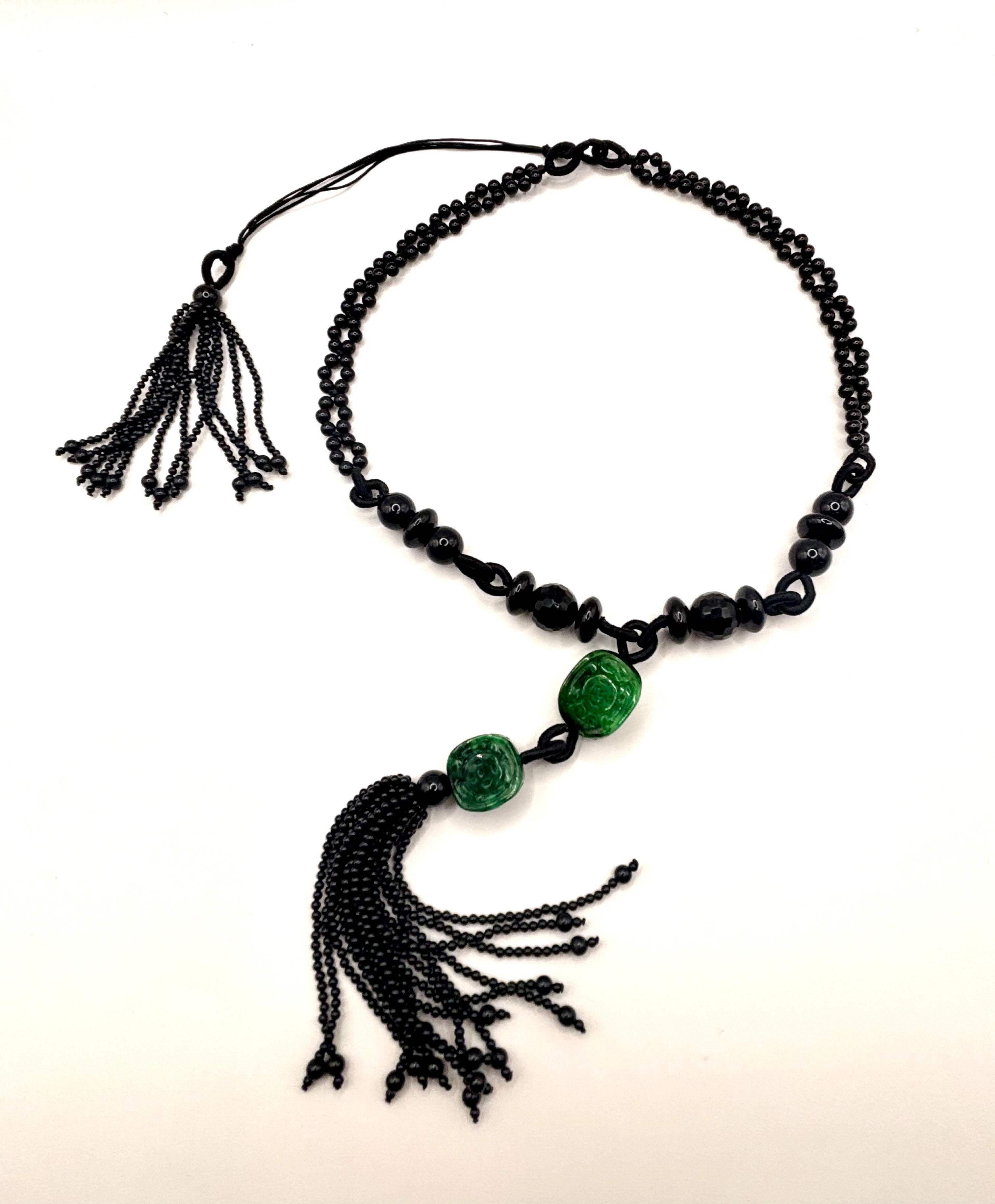 Vintage Long Carved Jadeite and Black Onyx Double-Strand Tassel Sautoir Necklace