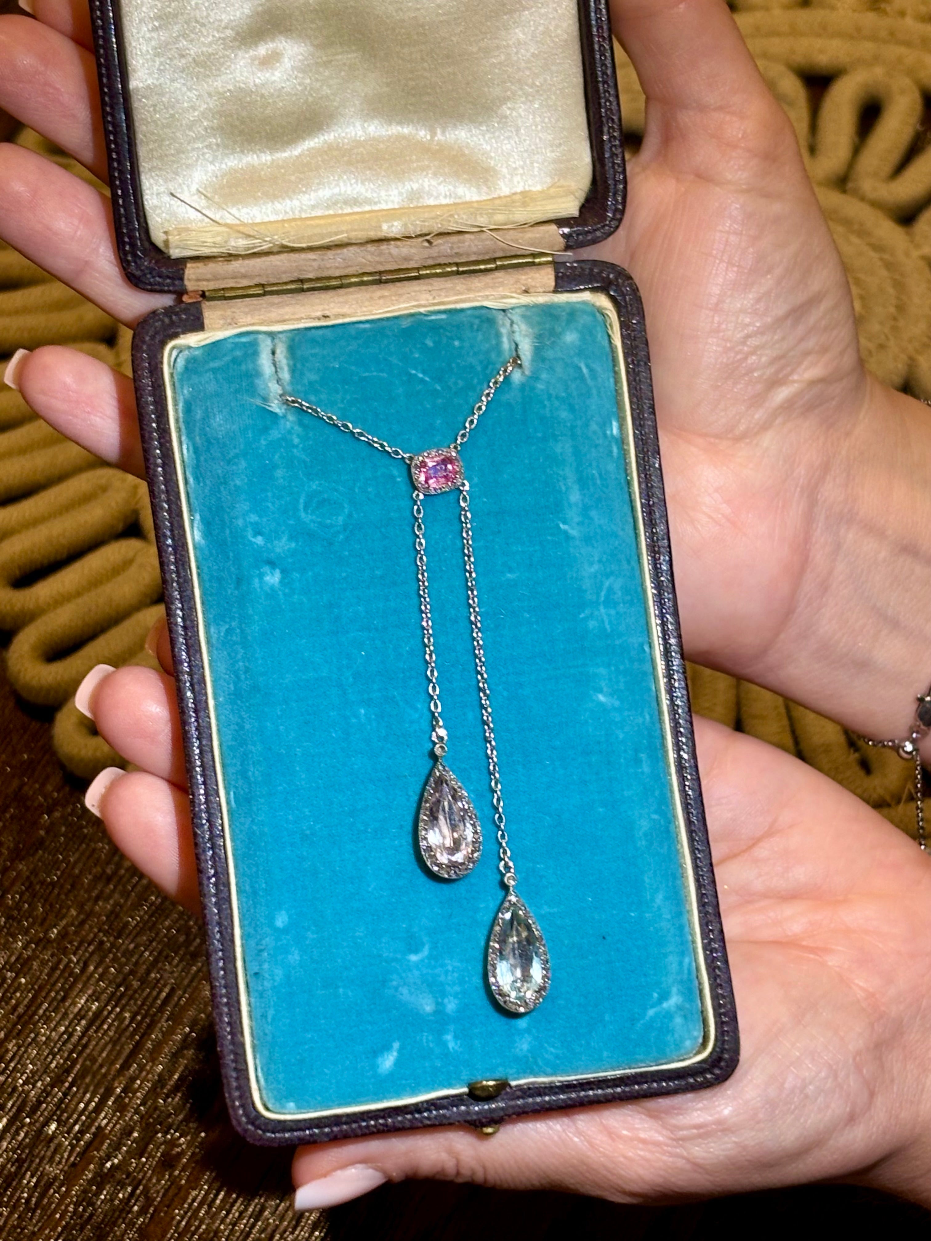 Antique French Edwardian Aquamarine, Pink Tourmaline, Morganite Diamond Negligee Necklace