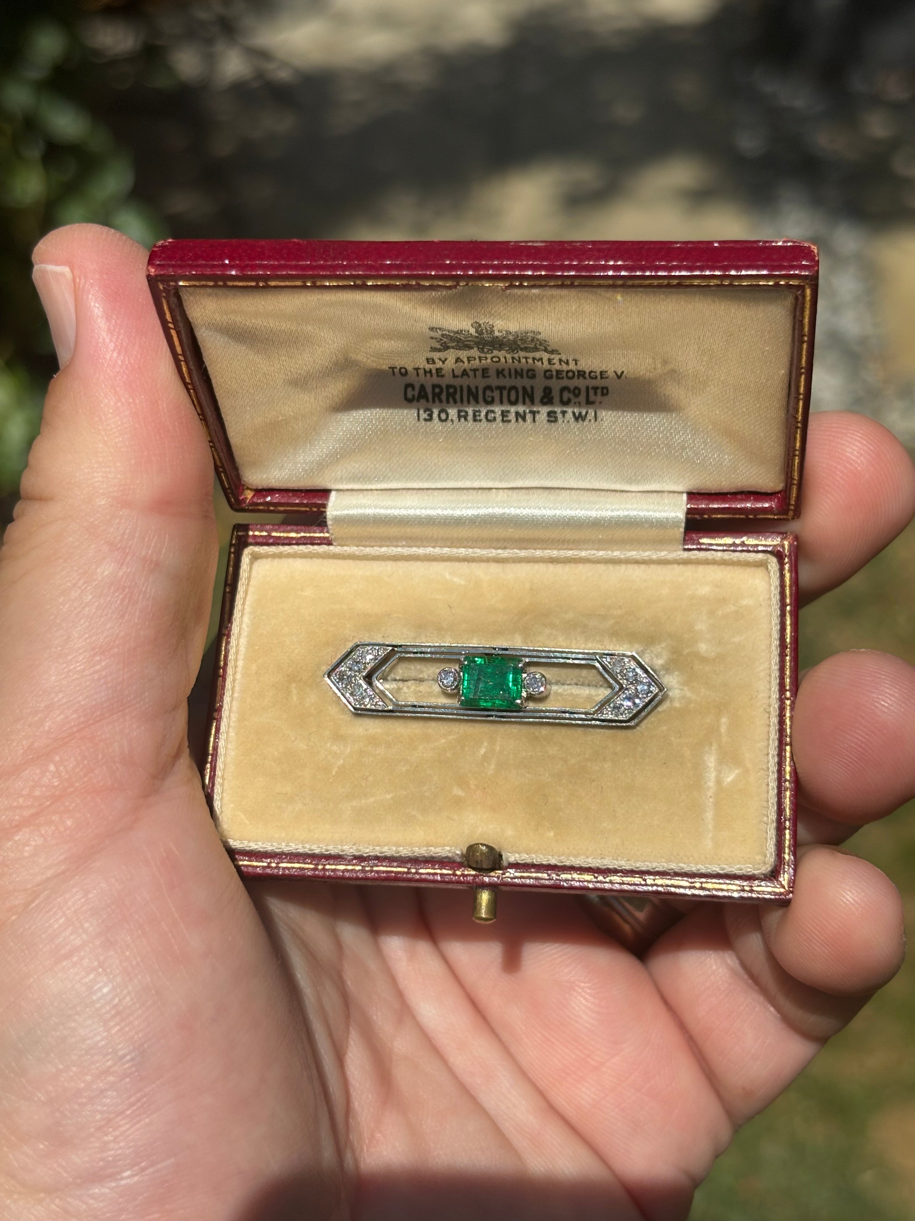 Art Deco Emerald Diamond Brooch, Carrington & Co. Fitted Case 1925-1935
