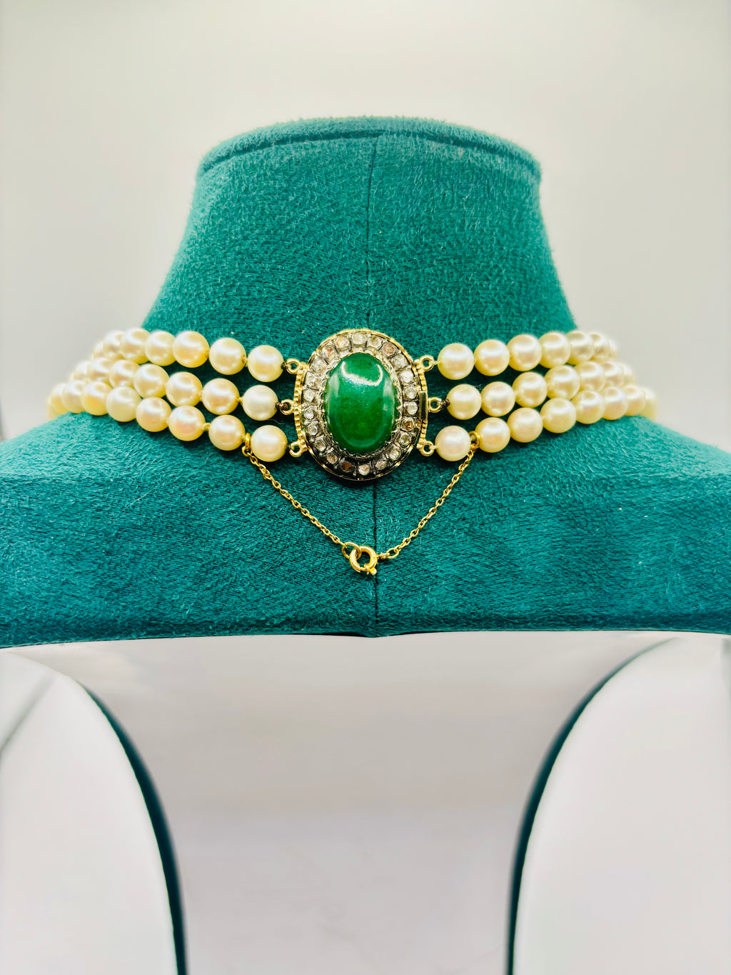 Three-Strand Japanese Akoya Pearl Necklace Late Victorian Diamond & Chrysoprase