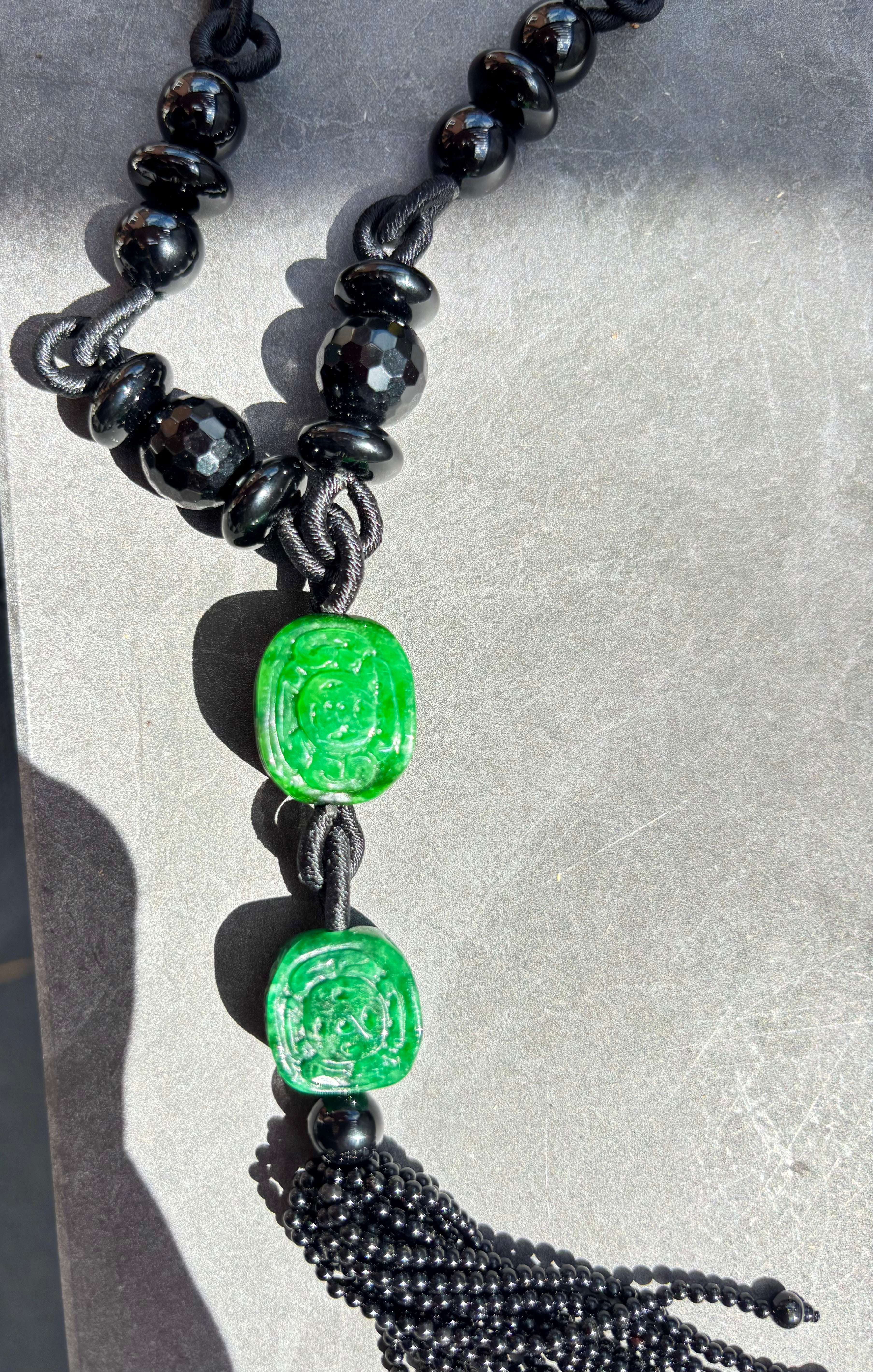 Vintage Long Carved Jadeite and Black Onyx Double-Strand Tassel Sautoir Necklace