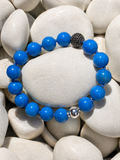Blue Agate Bracelet with Black Diamond Pavé Sterling Silver Enhancer | 14mm Beads | 41g
