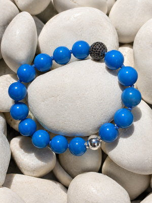 Blue Agate Bracelet with Black Diamond Pavé Sterling Silver Enhancer | 14mm Beads | 41g