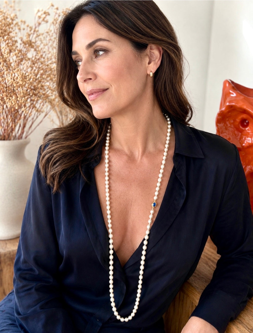 Long Japanese Akoya Cultured Pearl Opera Necklace, 18 Karat Gold Sapphire & Emerald Clasp, 98 cm