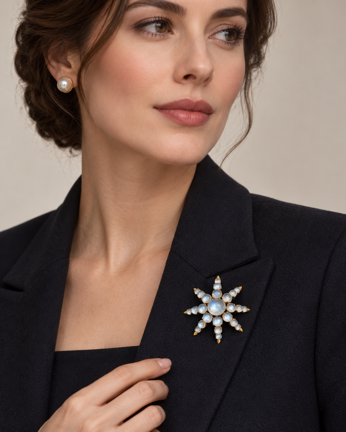 Antique Victorian 18K Gold Moonstone Eight-Ray Star Brooch, Circa 1890