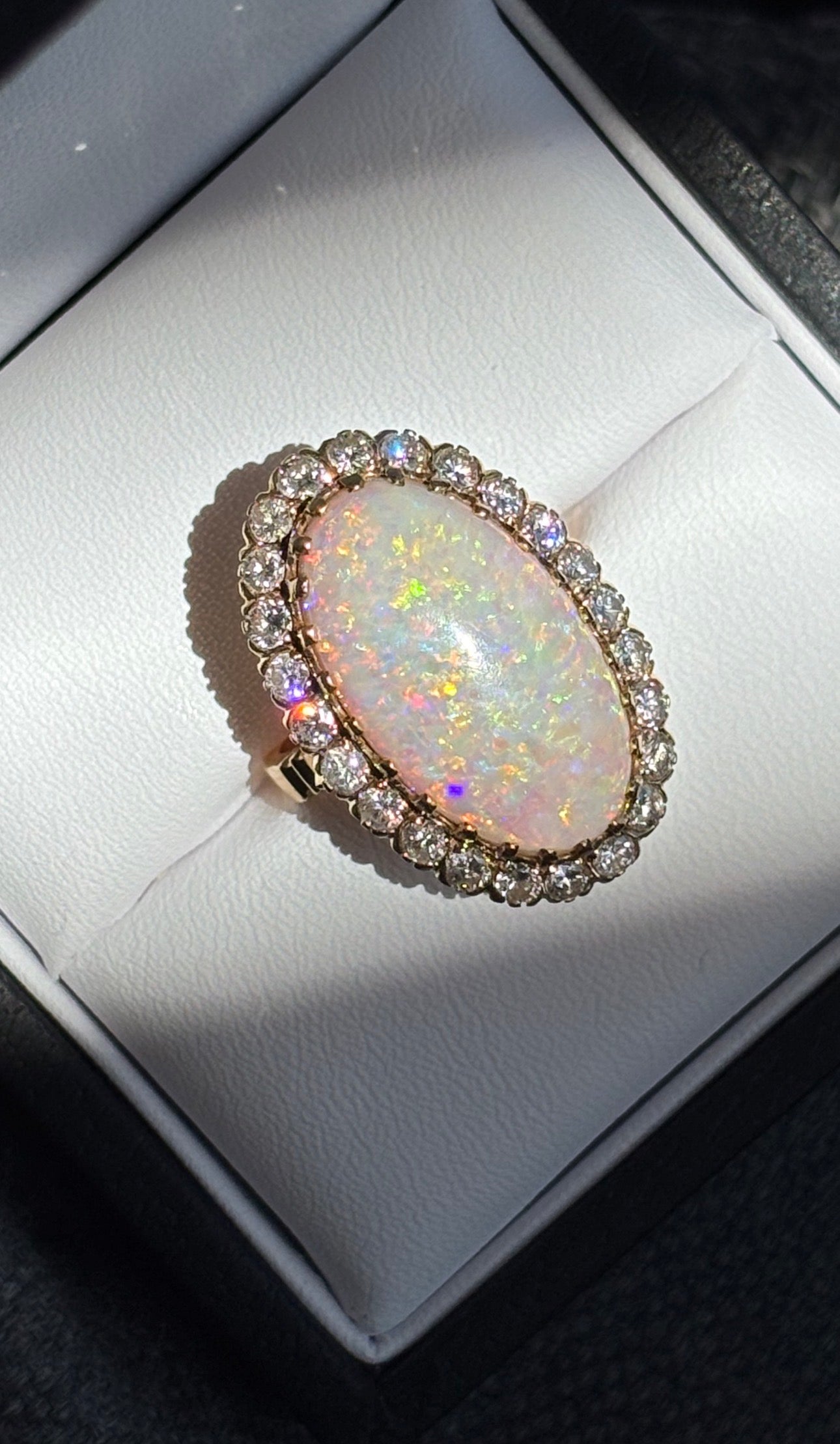 Vintage Large 8.50 carats Australian White Opal Diamond Cluster Ring in 18K Gold