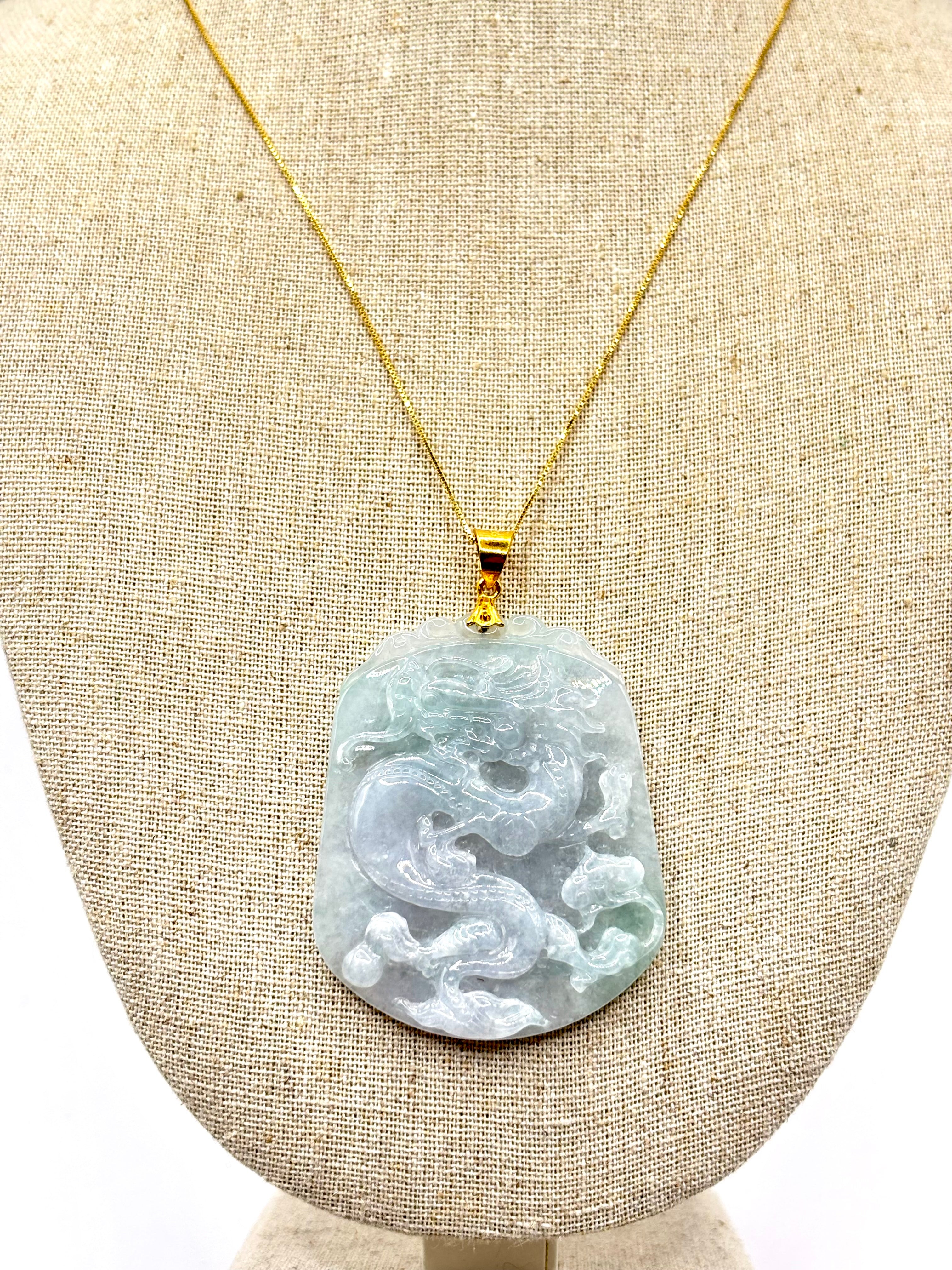 Large Vintage Carved Jadeite Jade Dragon Pendant 24K Fine Gold Bail, Certified