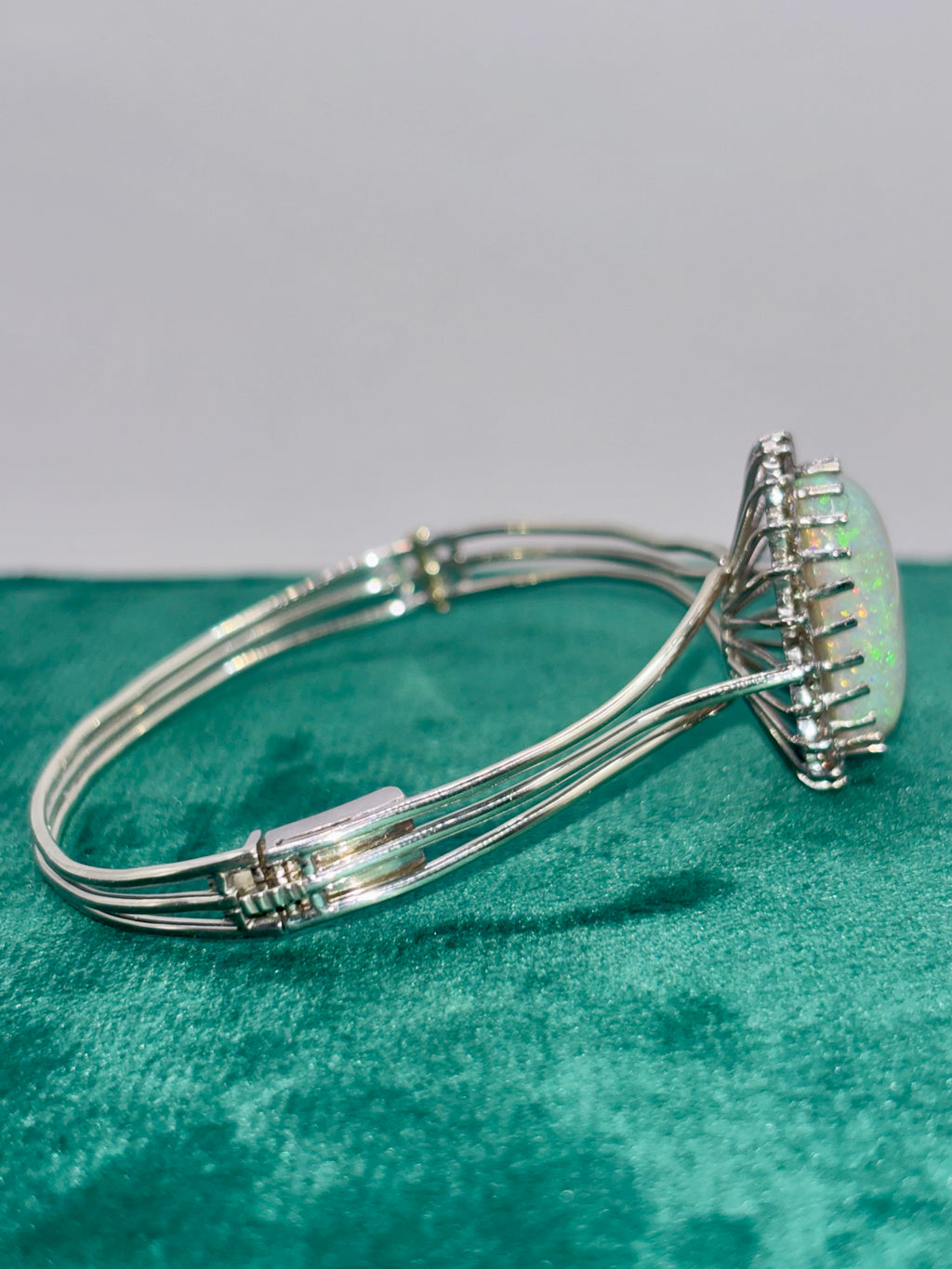 Vintage Opal Bangle 9.63 Carat Opal, 1.8 Carat Diamond 14K White Gold