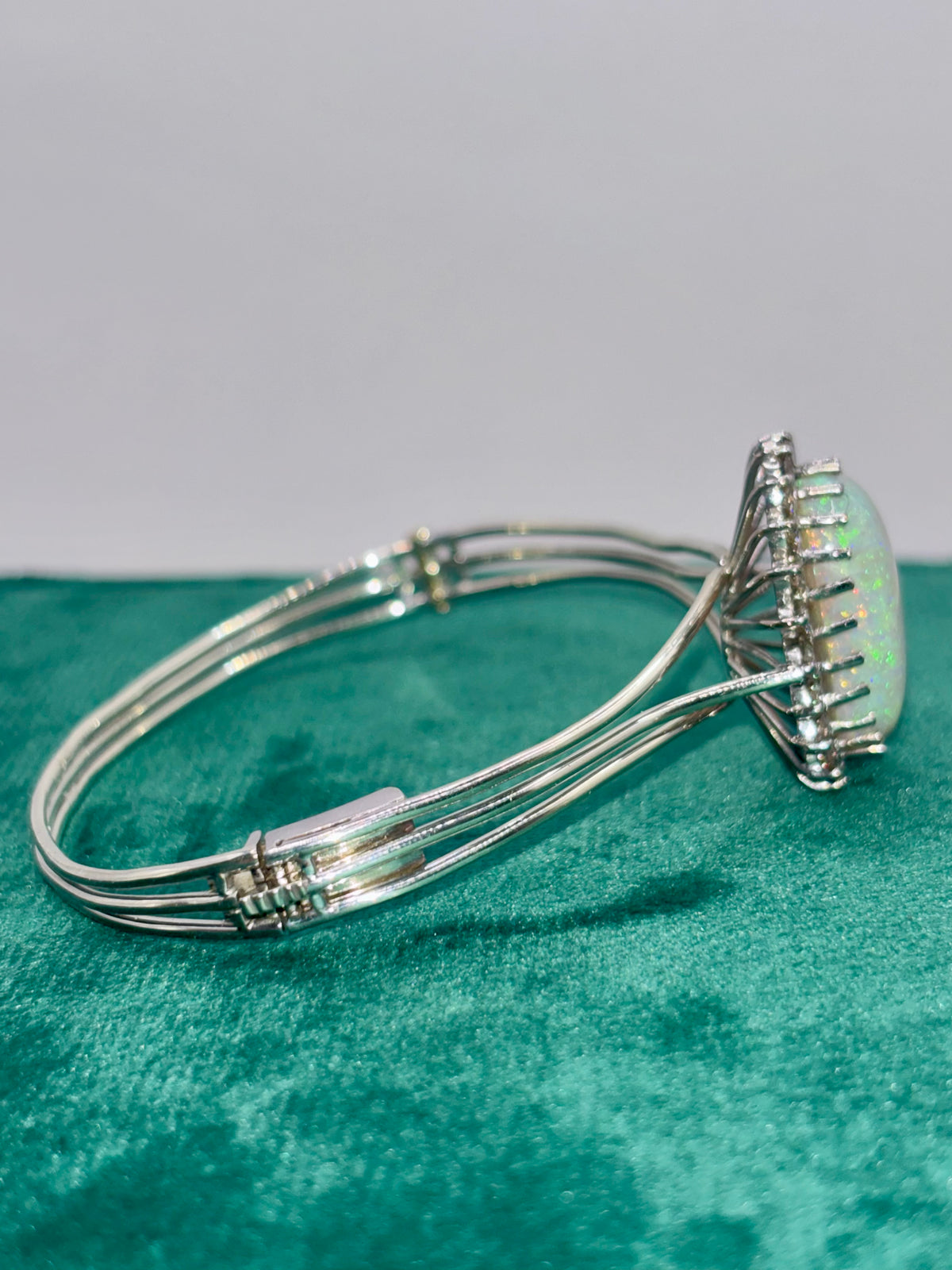 Vintage Opal Bangle 9.63 Carat Opal, 1.8 Carat Diamond 14K White Gold